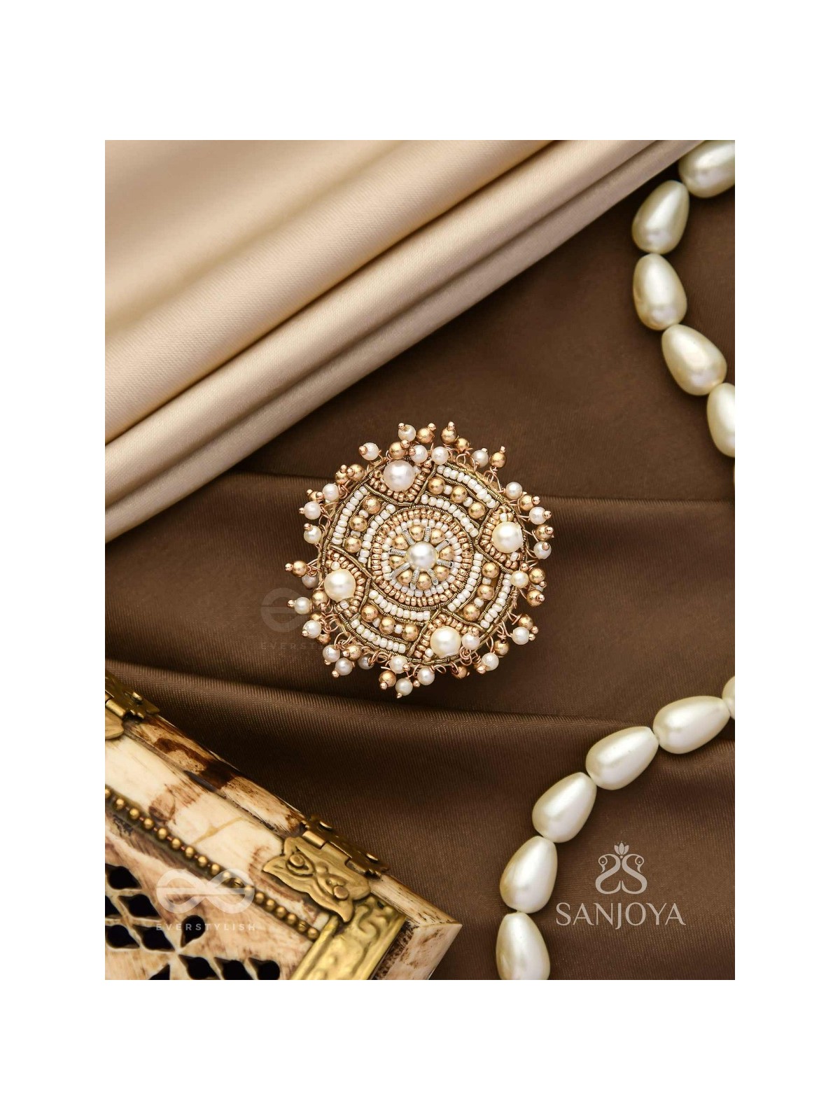 Atisrishti- The Dreamy Creation- Pearls And Beads Hand Embroidered Golden Ring (Adjustable)