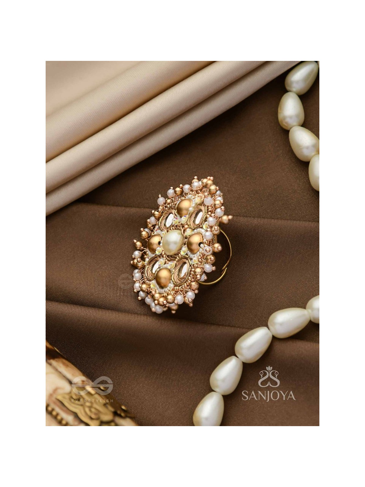 Darpanmaye- The Ornate Mirrors- Mirror, Resham And Beads Hand Embroidered Golden Ring (Adjustable)