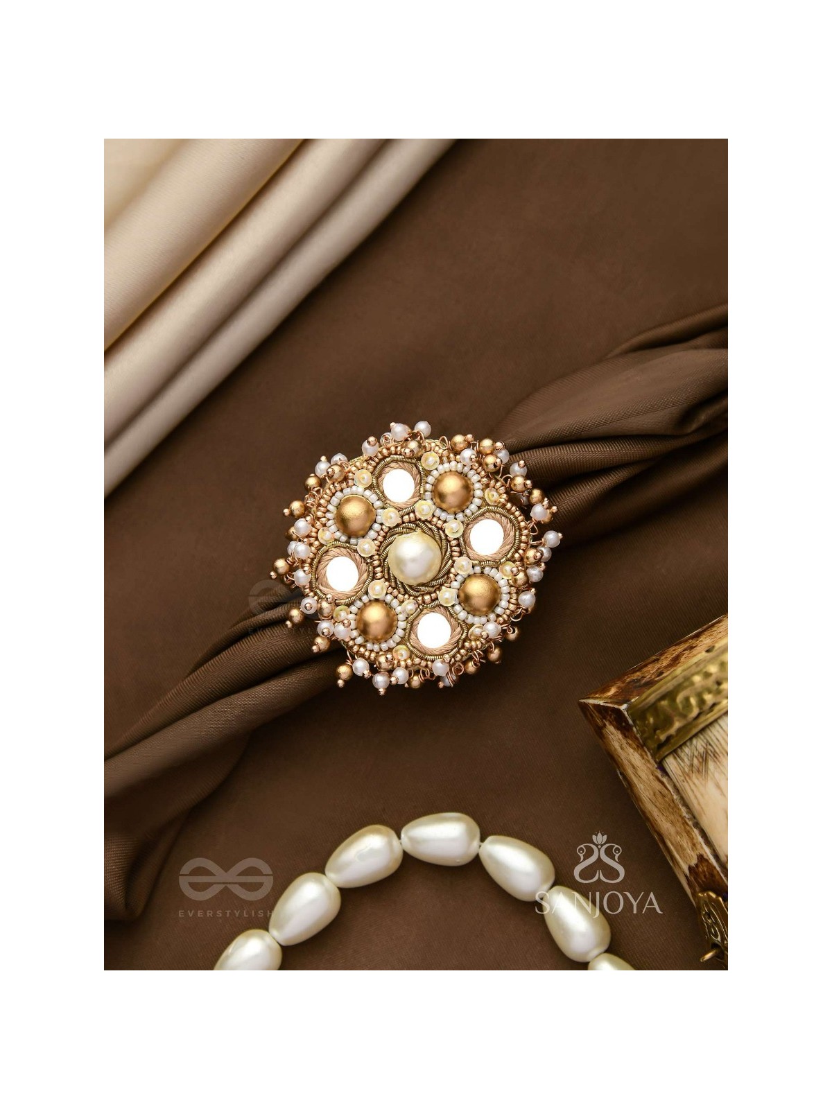 Darpanmaye- The Ornate Mirrors- Mirror, Resham And Beads Hand Embroidered Golden Ring (Adjustable)