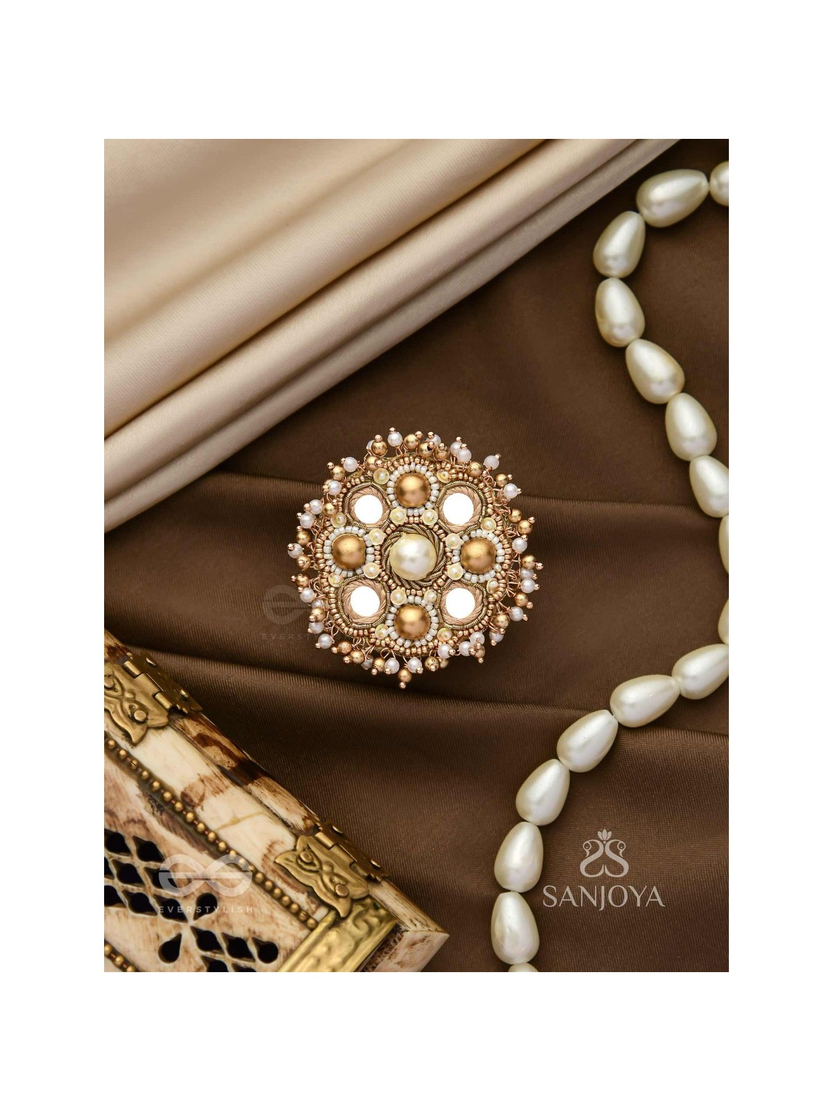 Darpanmaye- The Ornate Mirrors- Mirror, Resham And Beads Hand Embroidered Golden Ring (Adjustable)