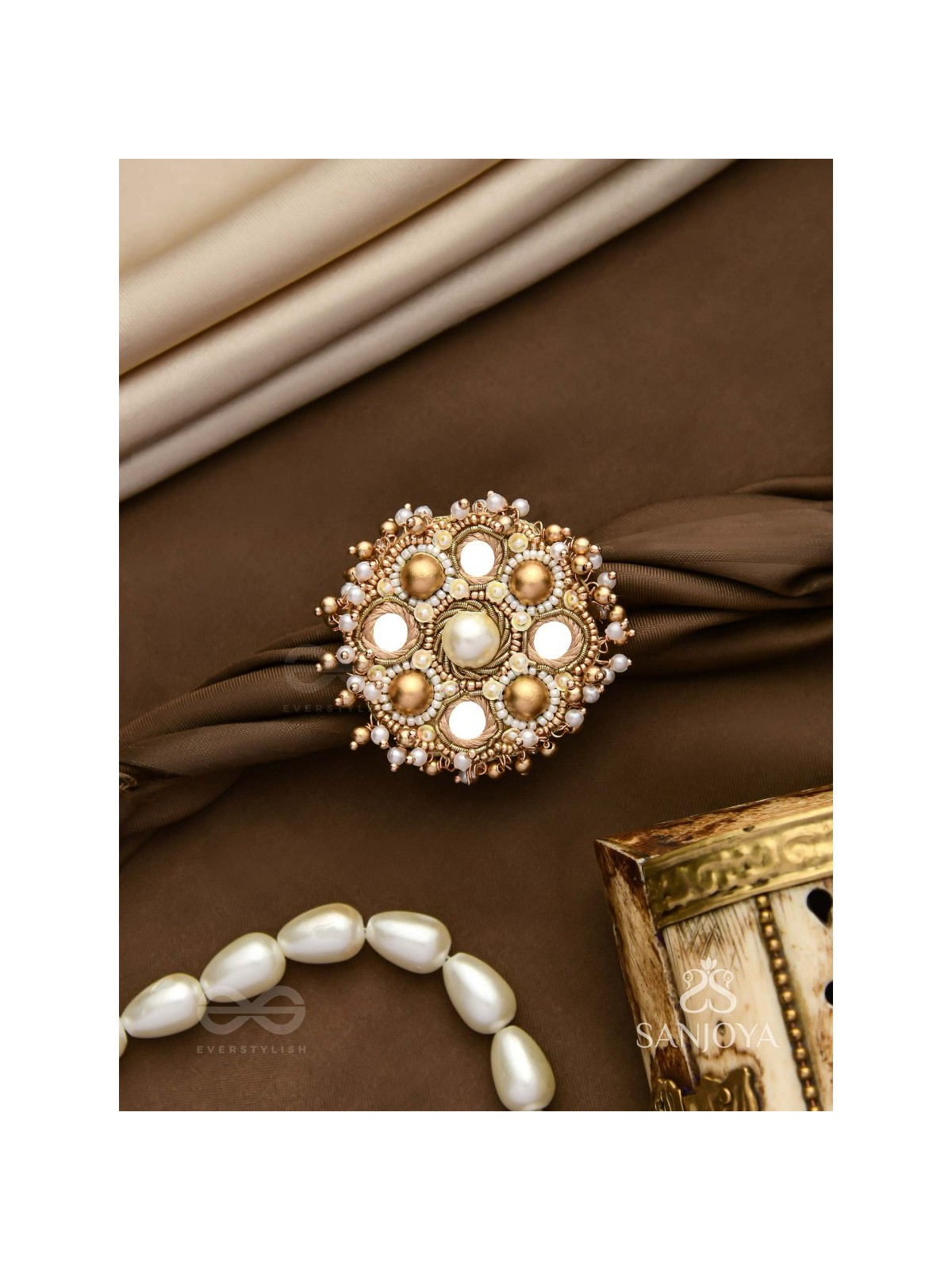 Darpanmaye- The Ornate Mirrors- Mirror, Resham And Beads Hand Embroidered Golden Ring (Adjustable)