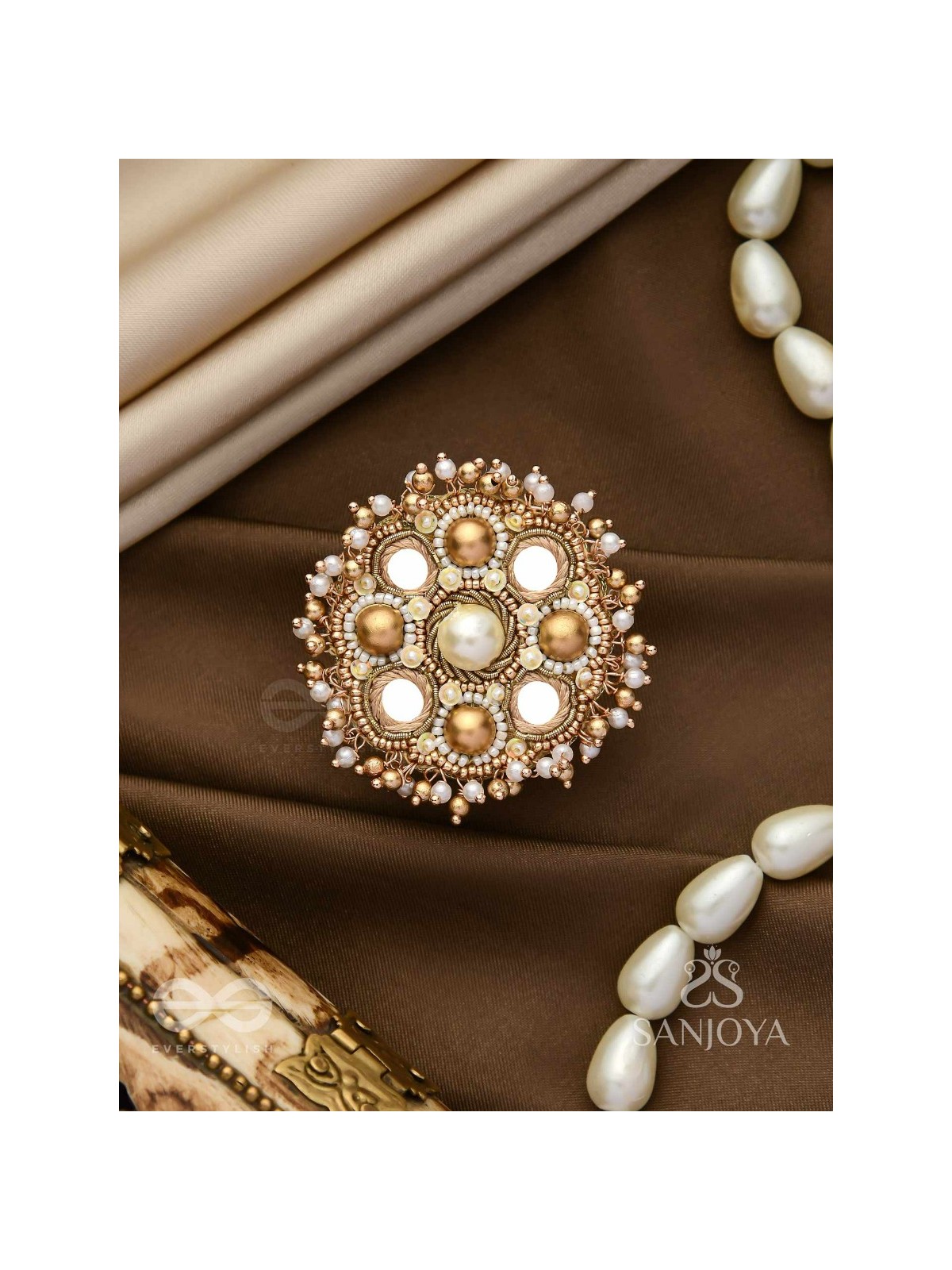 Darpanmaye- The Ornate Mirrors- Mirror, Resham And Beads Hand Embroidered Golden Ring (Adjustable)