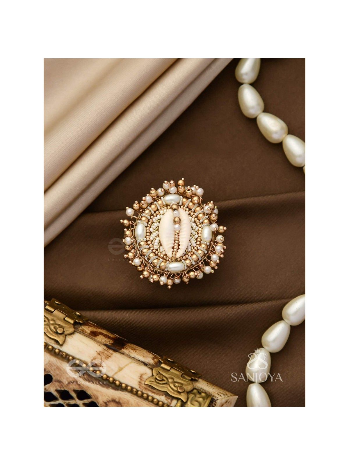 Pratisanshru - The Shore Promise - Shell And Beads Hand Embroidered Golden Ring (Adjustable)