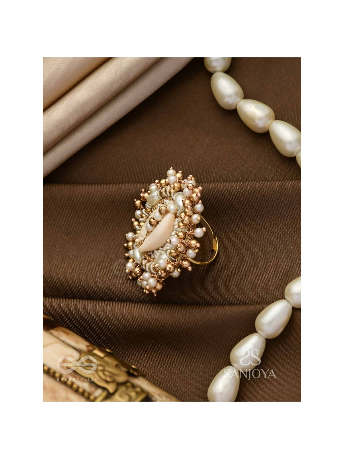 Pratisanshru - The Shore Promise - Shell And Beads Hand Embroidered Golden Ring (Adjustable)