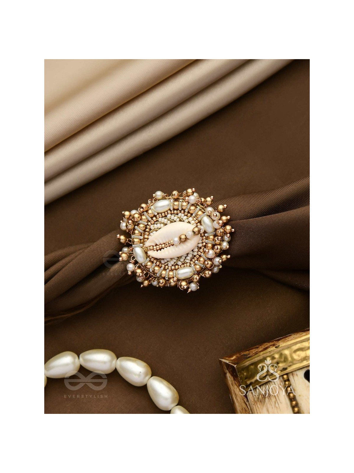 Pratisanshru - The Shore Promise - Shell And Beads Hand Embroidered Golden Ring (Adjustable)