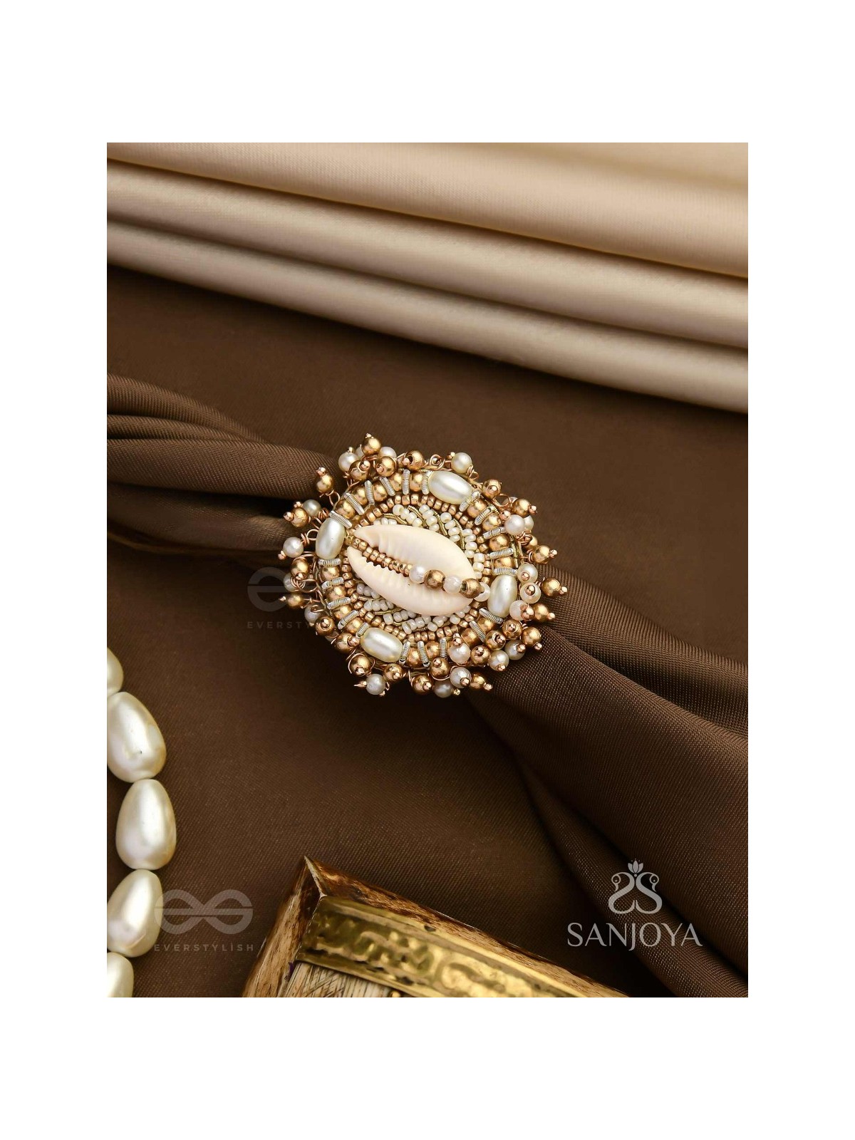 Pratisanshru - The Shore Promise - Shell And Beads Hand Embroidered Golden Ring (Adjustable)