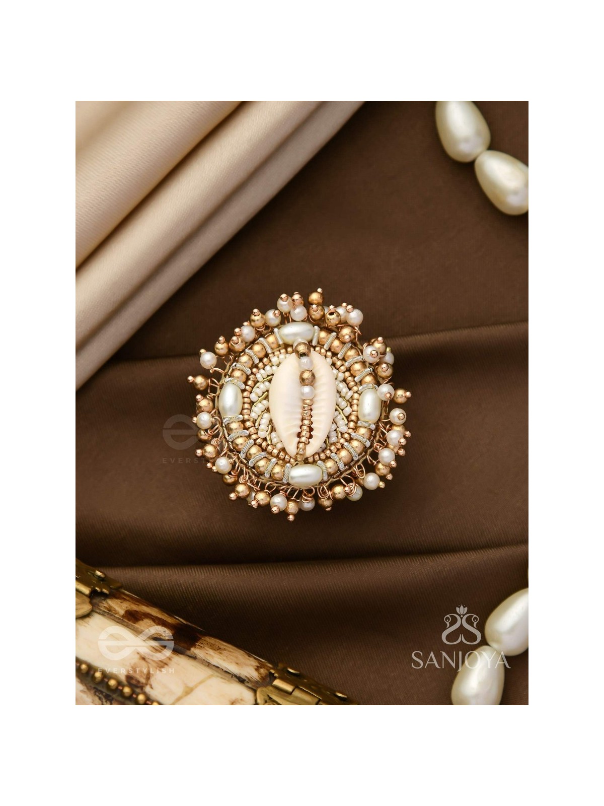 Pratisanshru - The Shore Promise - Shell And Beads Hand Embroidered Golden Ring (Adjustable)