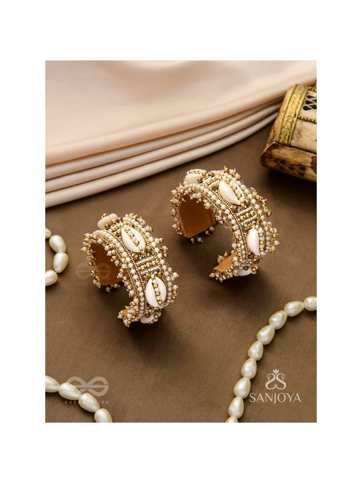 Lavnakar- The Coast Of Treasures- Shells And Beads Hand Embroidered Bangles (Set Of 2)