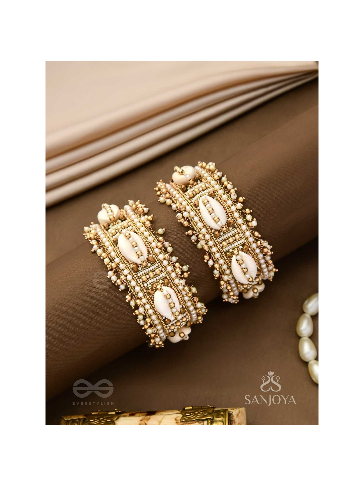 Lavnakar- The Coast Of Treasures- Shells And Beads Hand Embroidered Bangles (Set Of 2)