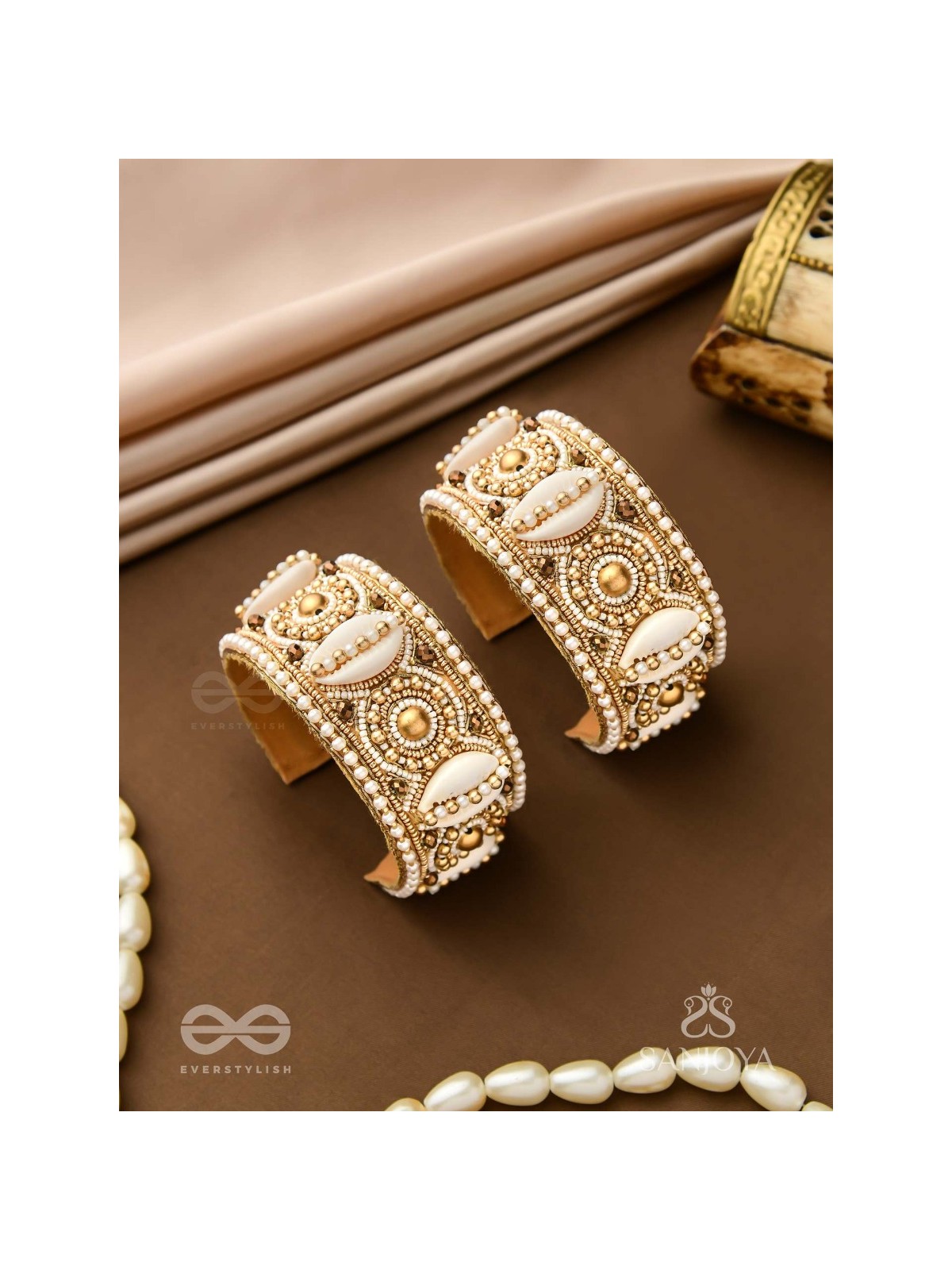 Saindhav- The Marine Love- Shells And Beads Hand Embroidered Bangle (Set Of 2)