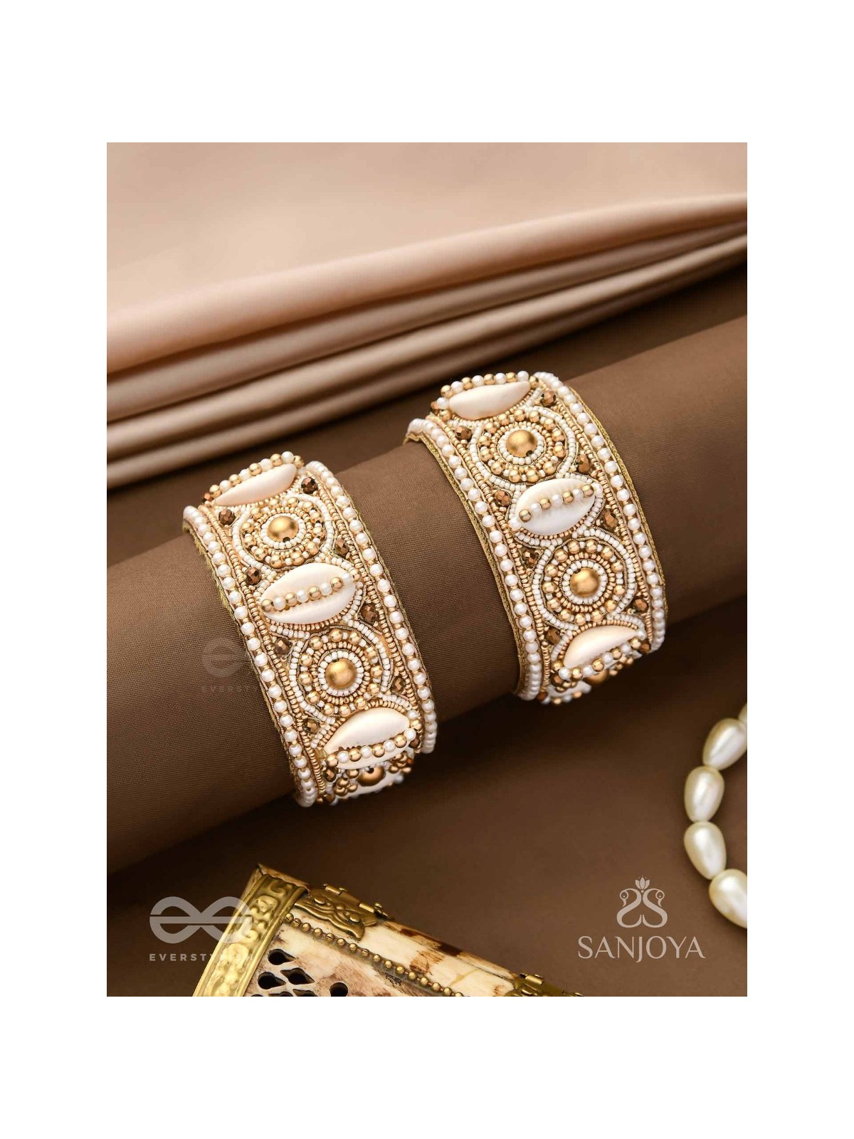 Saindhav- The Marine Love- Shells And Beads Hand Embroidered Bangle (Set Of 2)