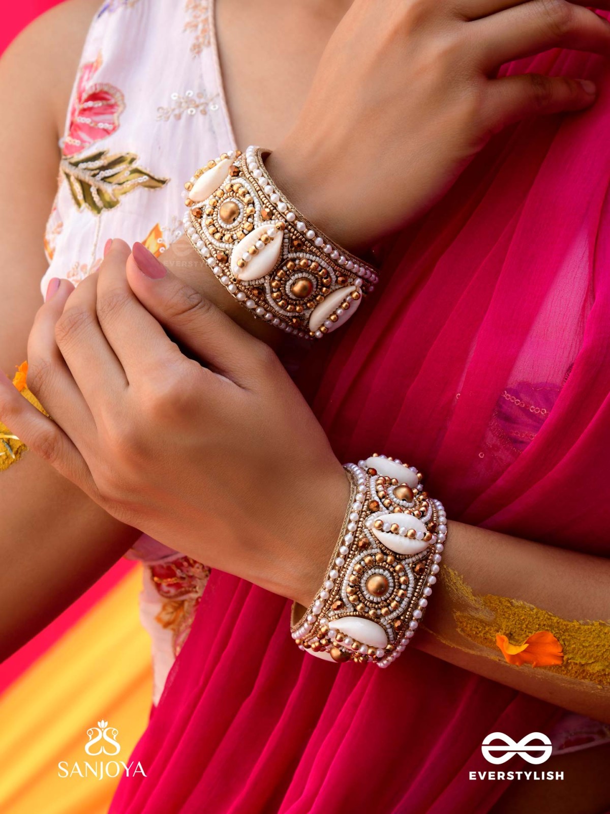 Saindhav- The Marine Love- Shells And Beads Hand Embroidered Bangle (Set Of 2)