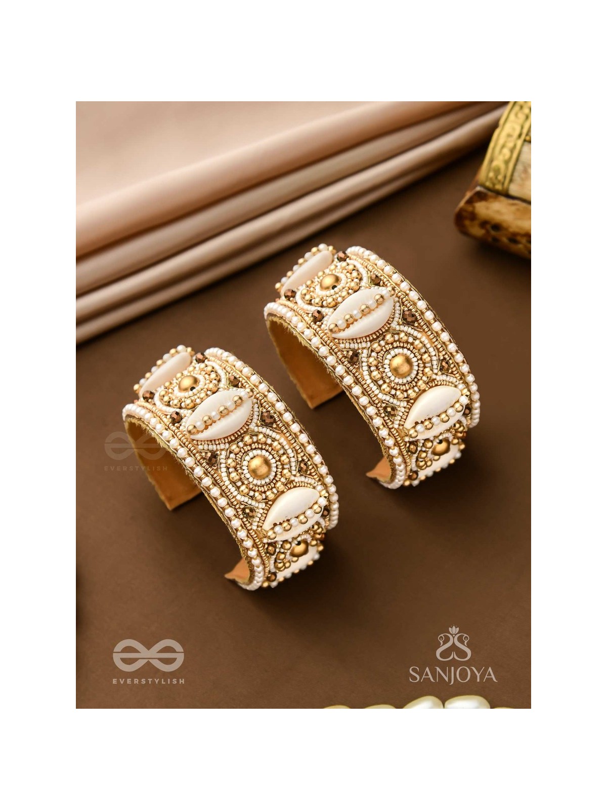 Saindhav- The Marine Love- Shells And Beads Hand Embroidered Bangle (Set Of 2)