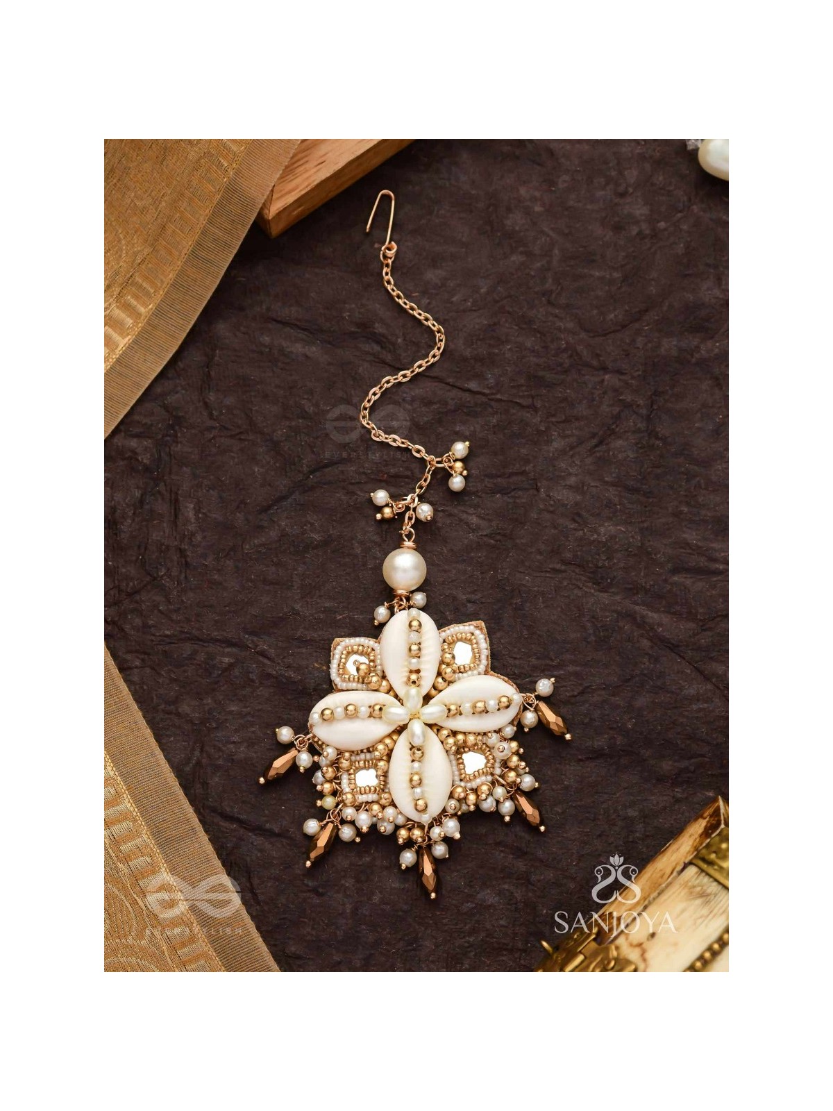 Jalkam- The Shell Cluster- Mirrors, Shells And Beads Hand Embroidered Maangtika