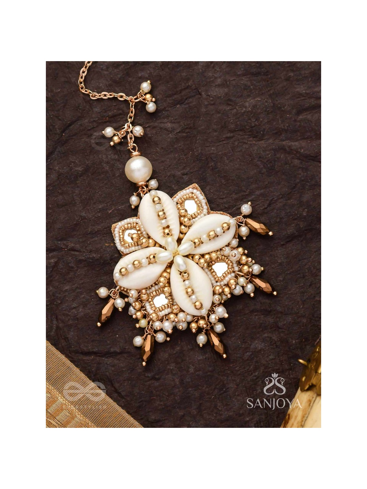 Jalkam- The Shell Cluster- Mirrors, Shells And Beads Hand Embroidered Maangtika