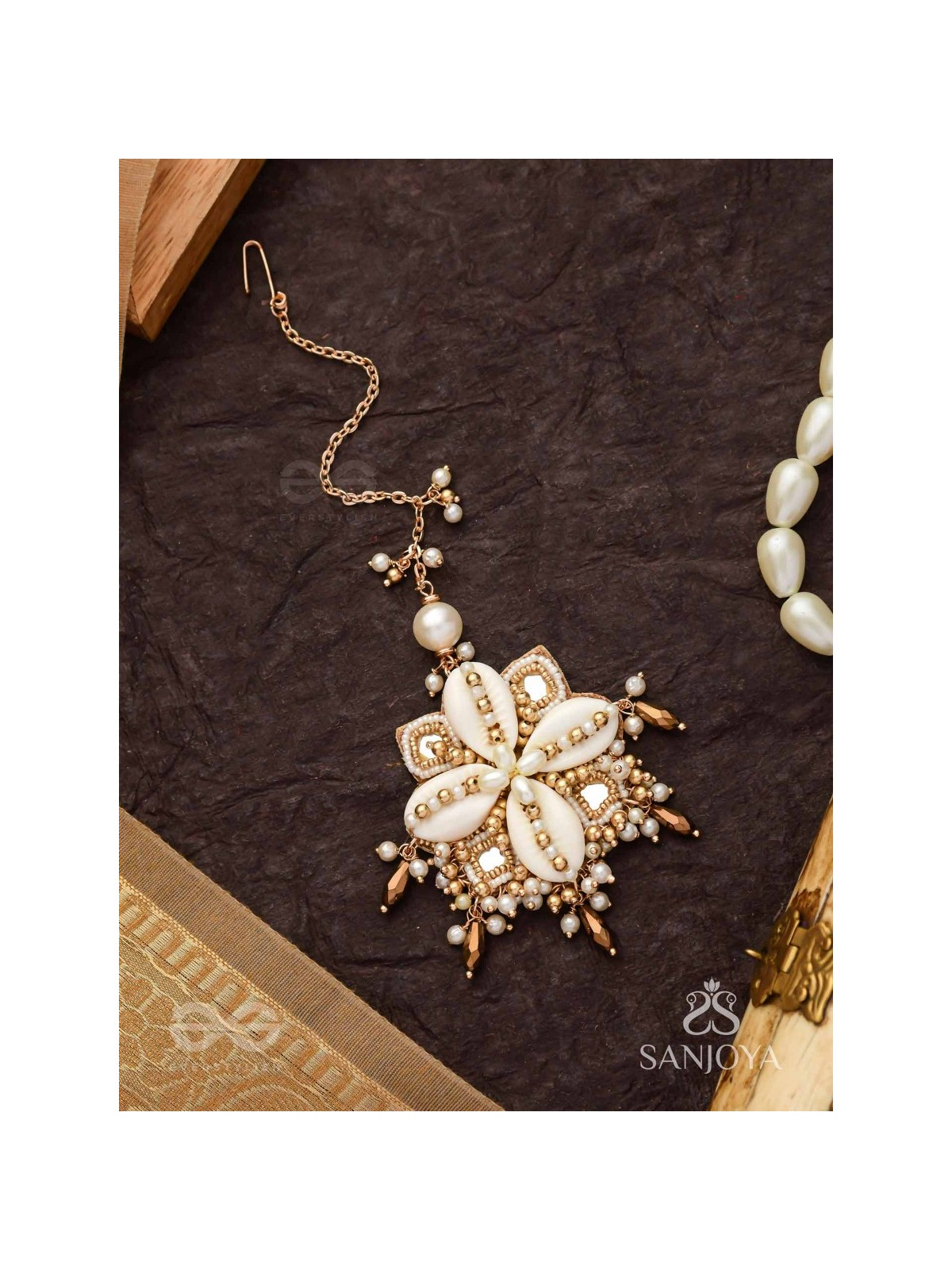 Jalkam- The Shell Cluster- Mirrors, Shells And Beads Hand Embroidered Maangtika