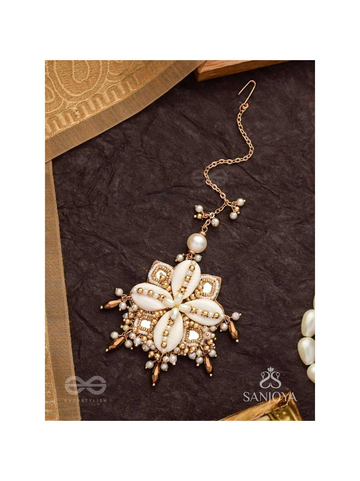 Jalkam- The Shell Cluster- Mirrors, Shells And Beads Hand Embroidered Maangtika