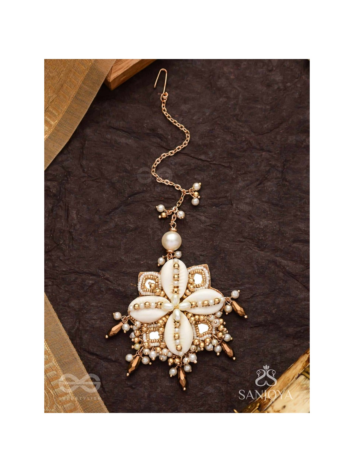 Jalkam- The Shell Cluster- Mirrors, Shells And Beads Hand Embroidered Maangtika