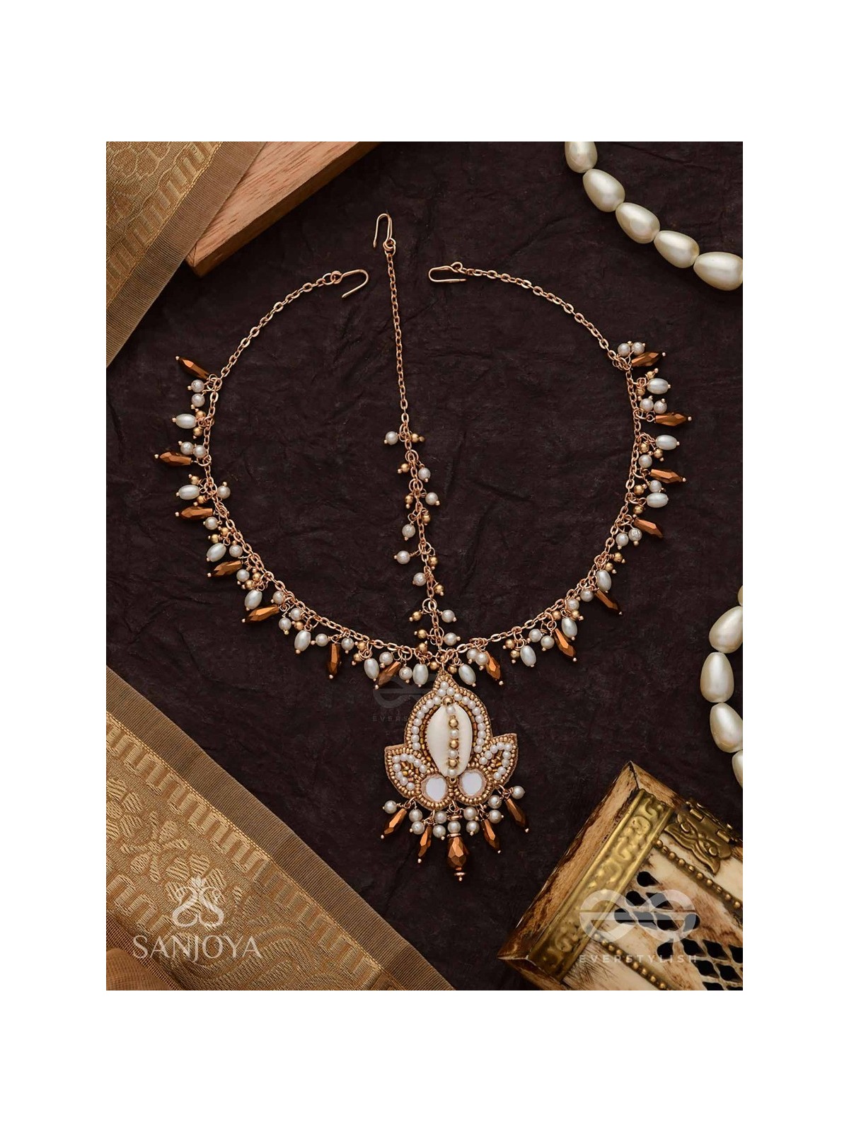 Roopdheya - The Budding Beauty - Shell, Mirrors, Beads And Glass Drops Hand Embroidered Maangtika