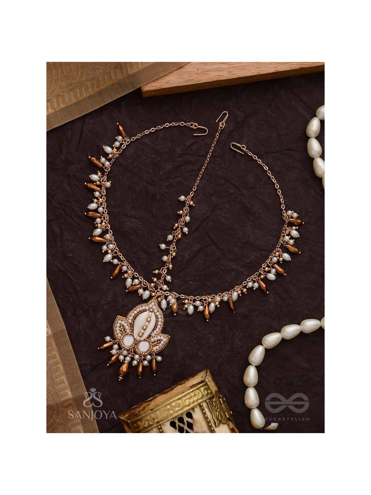 Roopdheya - The Budding Beauty - Shell, Mirrors, Beads And Glass Drops Hand Embroidered Maangtika