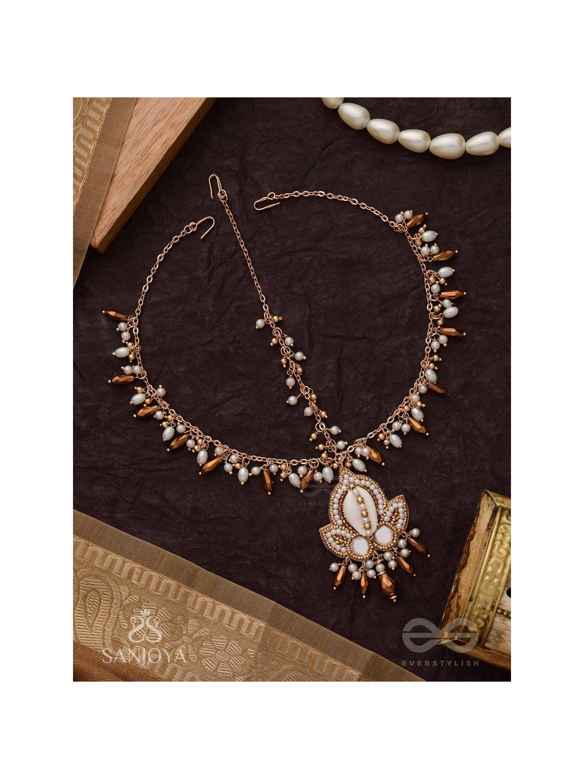 Roopdheya - The Budding Beauty - Shell, Mirrors, Beads And Glass Drops Hand Embroidered Maangtika