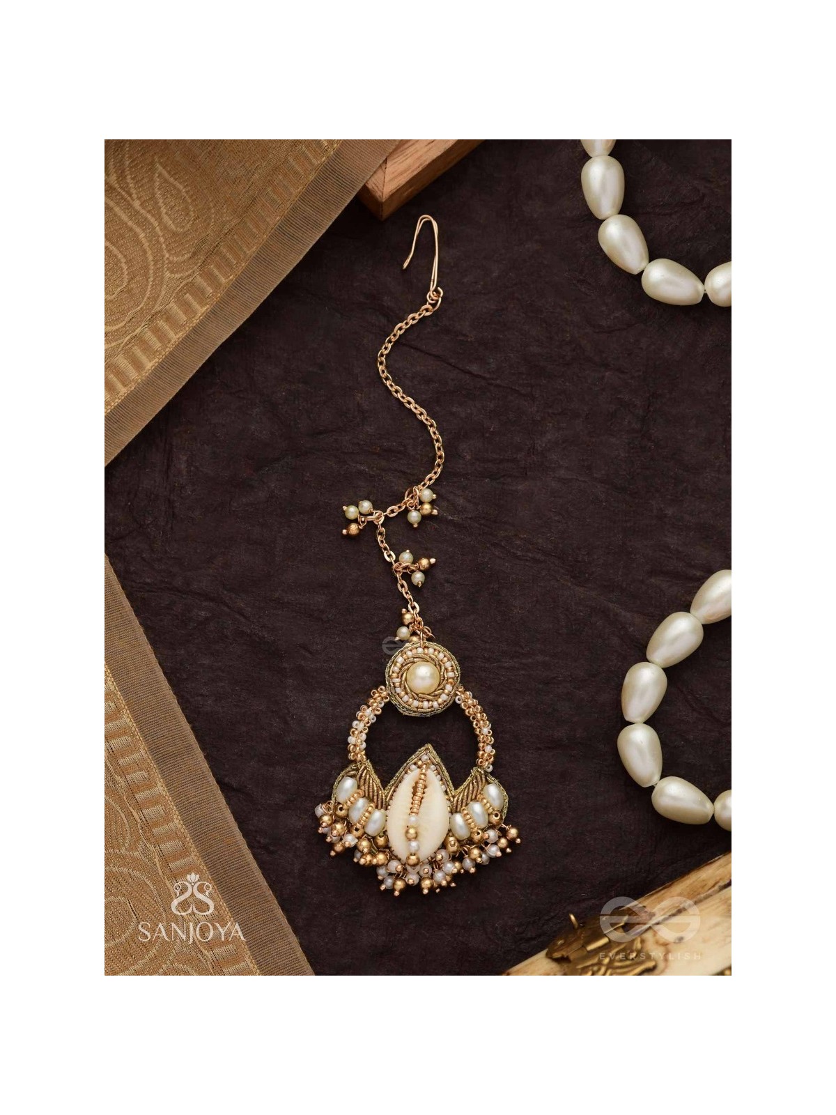 Nairjar - The Divine Blessing- Pearls, Shell And Beads Hand Embroidered Maangtika