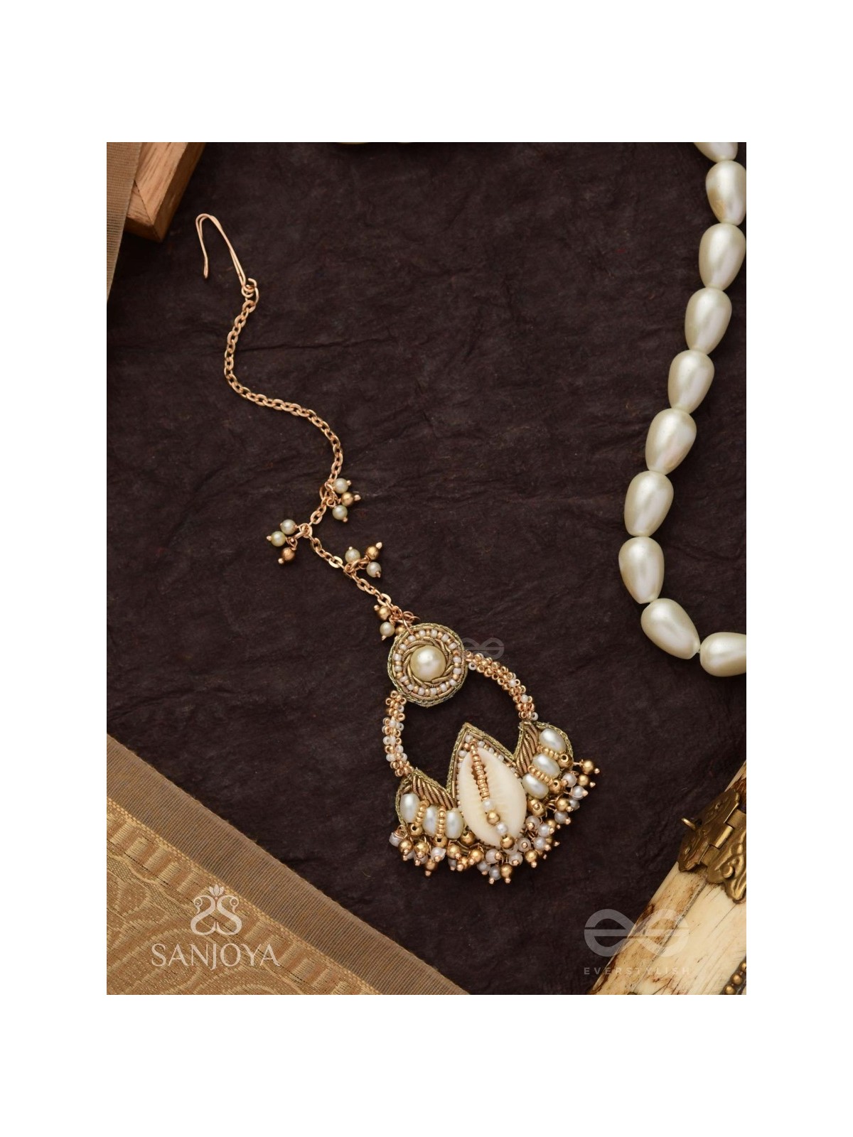 Nairjar - The Divine Blessing- Pearls, Shell And Beads Hand Embroidered Maangtika
