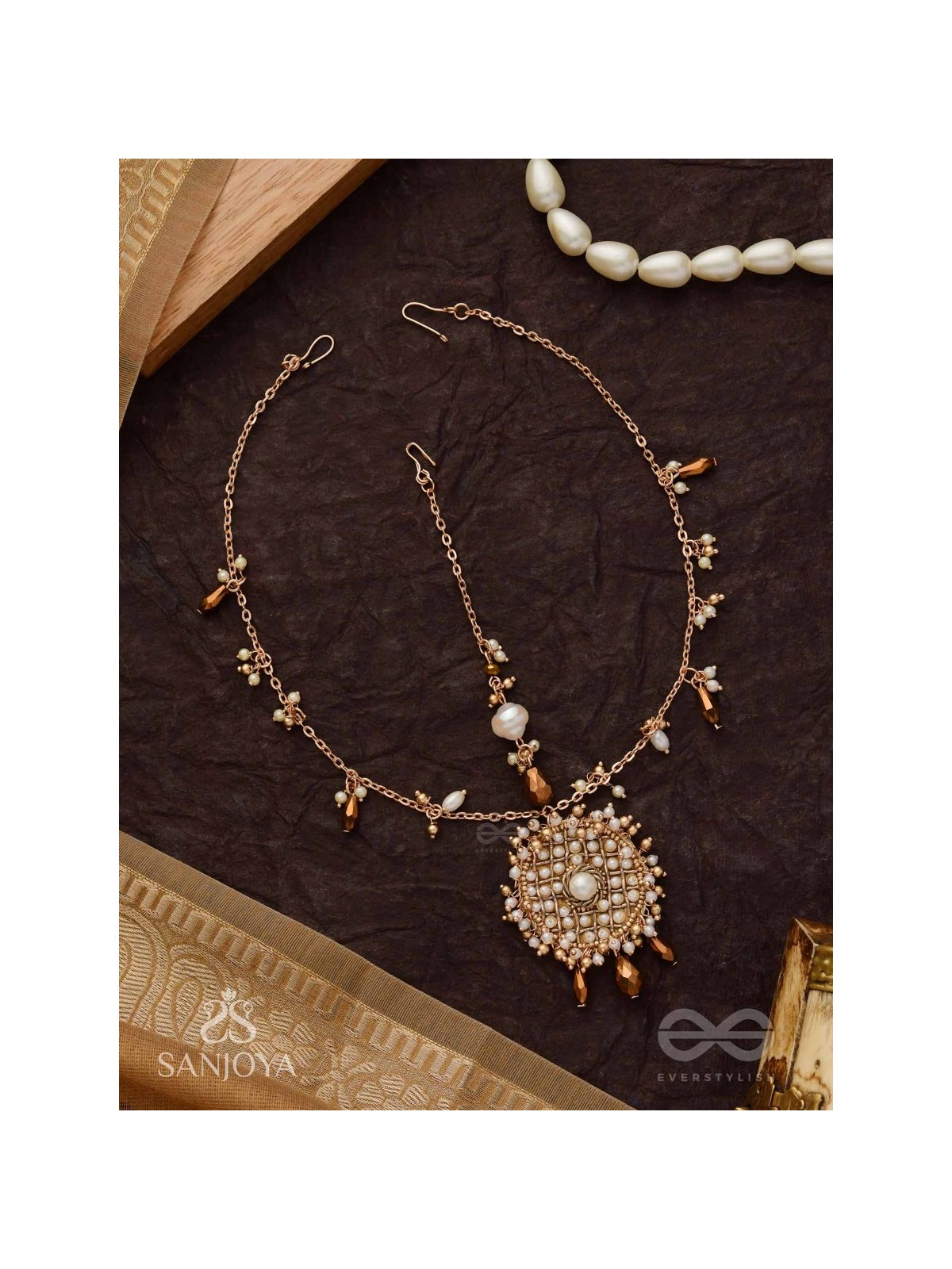 Vilsat- The Exquisite Mesh- Pearl, Beads And Glass Drops Hand Embroidered Maangtika