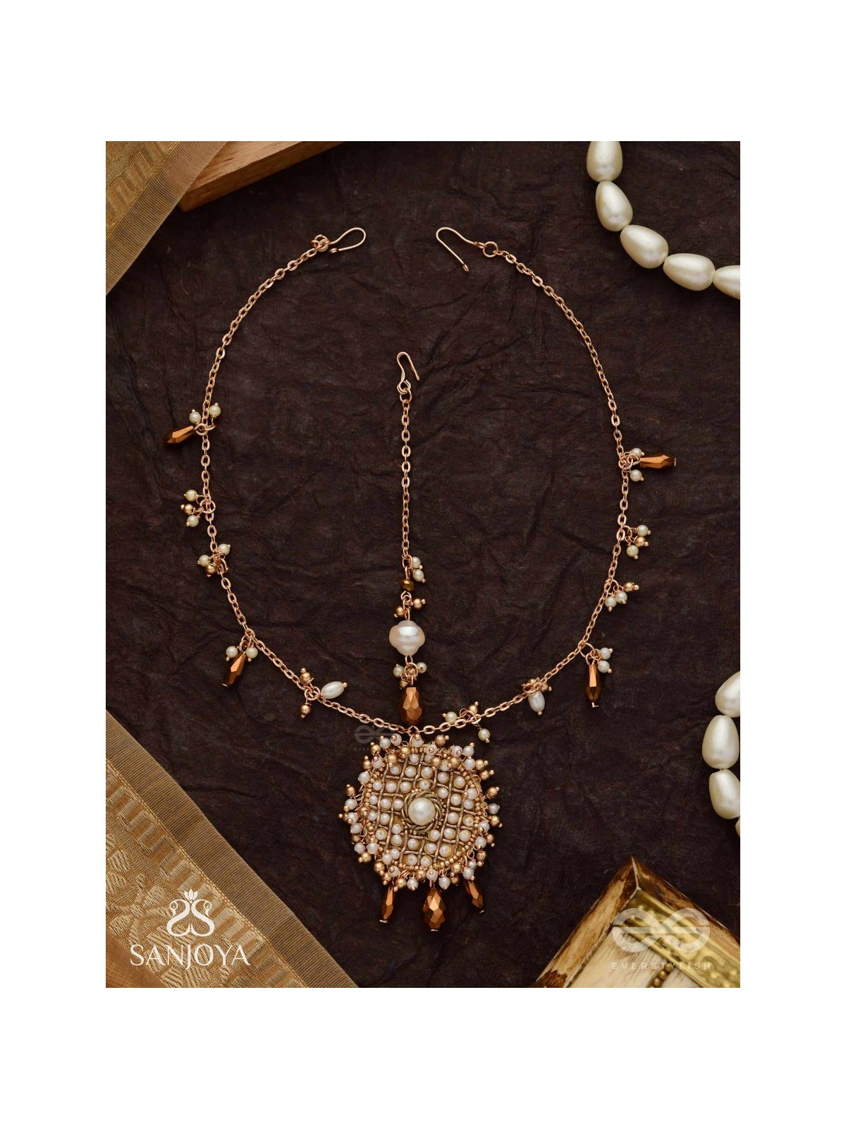 Vilsat- The Exquisite Mesh- Pearl, Beads And Glass Drops Hand Embroidered Maangtika