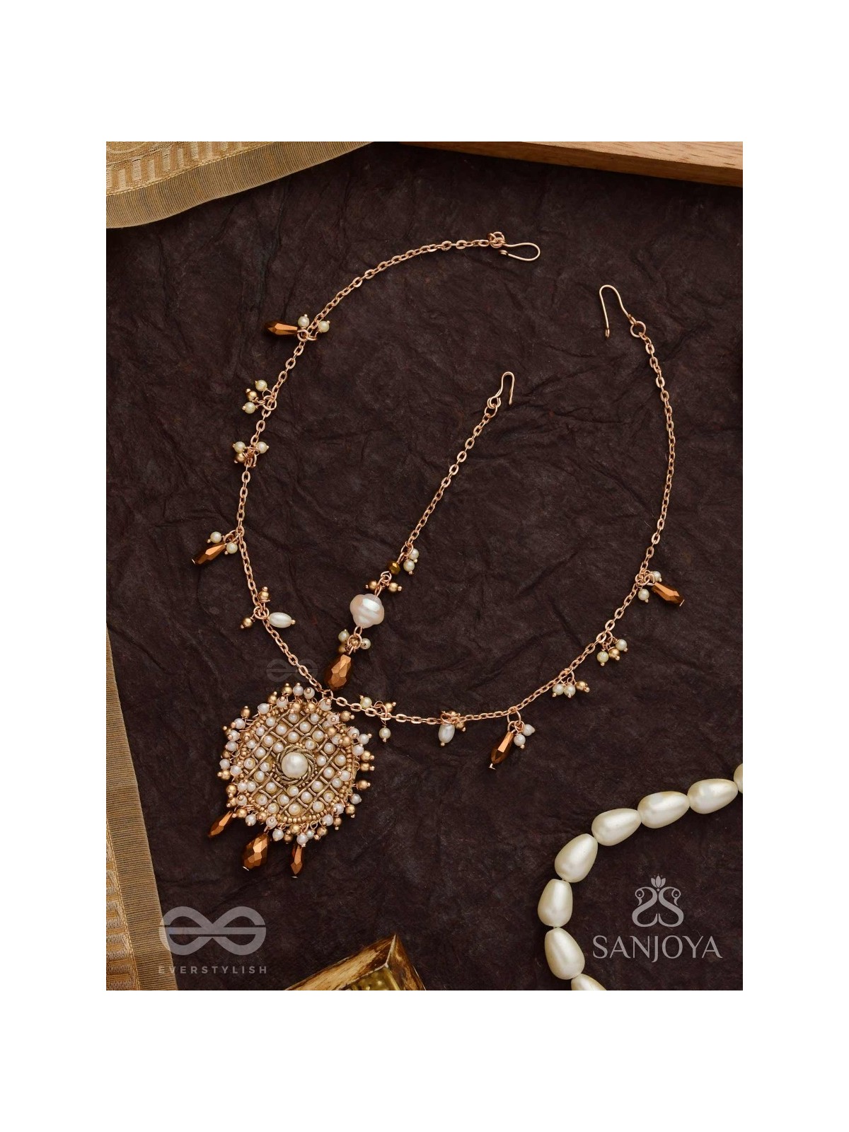 Vilsat- The Exquisite Mesh- Pearl, Beads And Glass Drops Hand Embroidered Maangtika