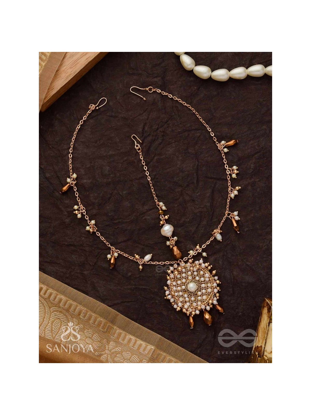 Vilsat- The Exquisite Mesh- Pearl, Beads And Glass Drops Hand Embroidered Maangtika