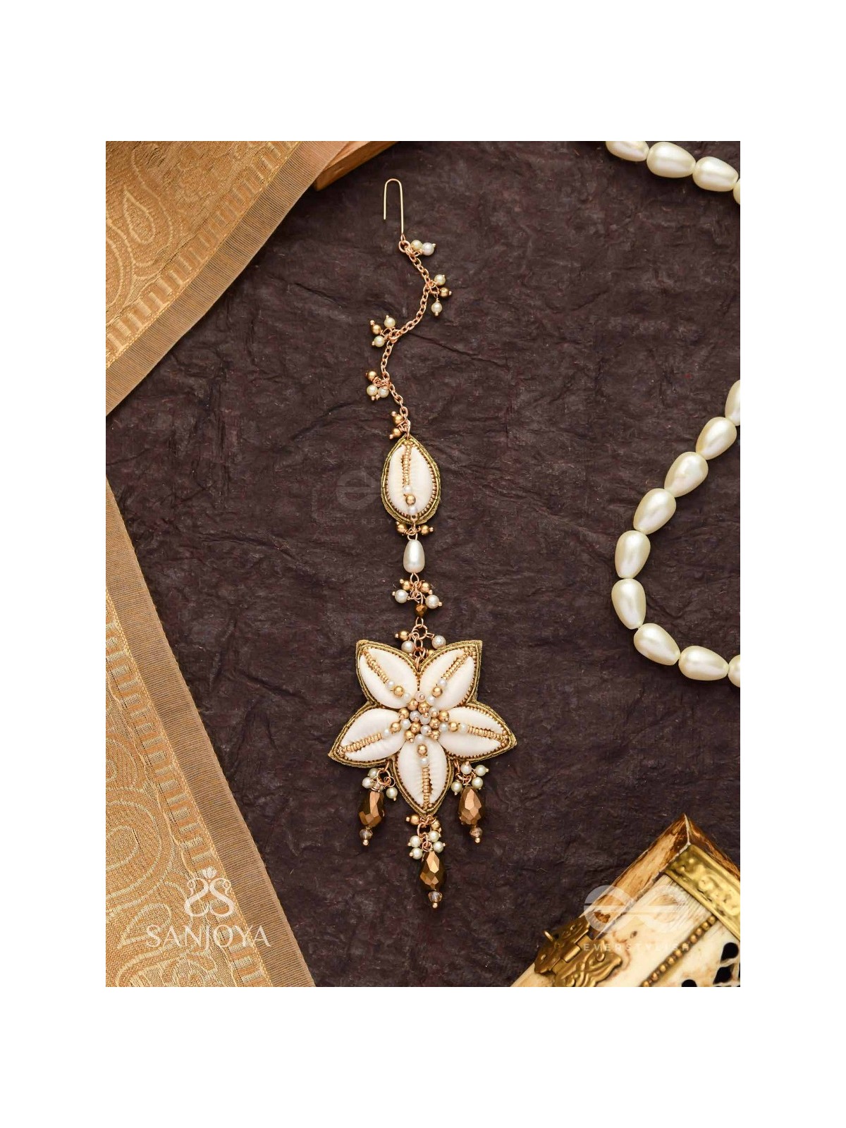 Stimit - The Cowrie Calm- Shells, Beads And Glass Drops Hand Embroidered Maangtika