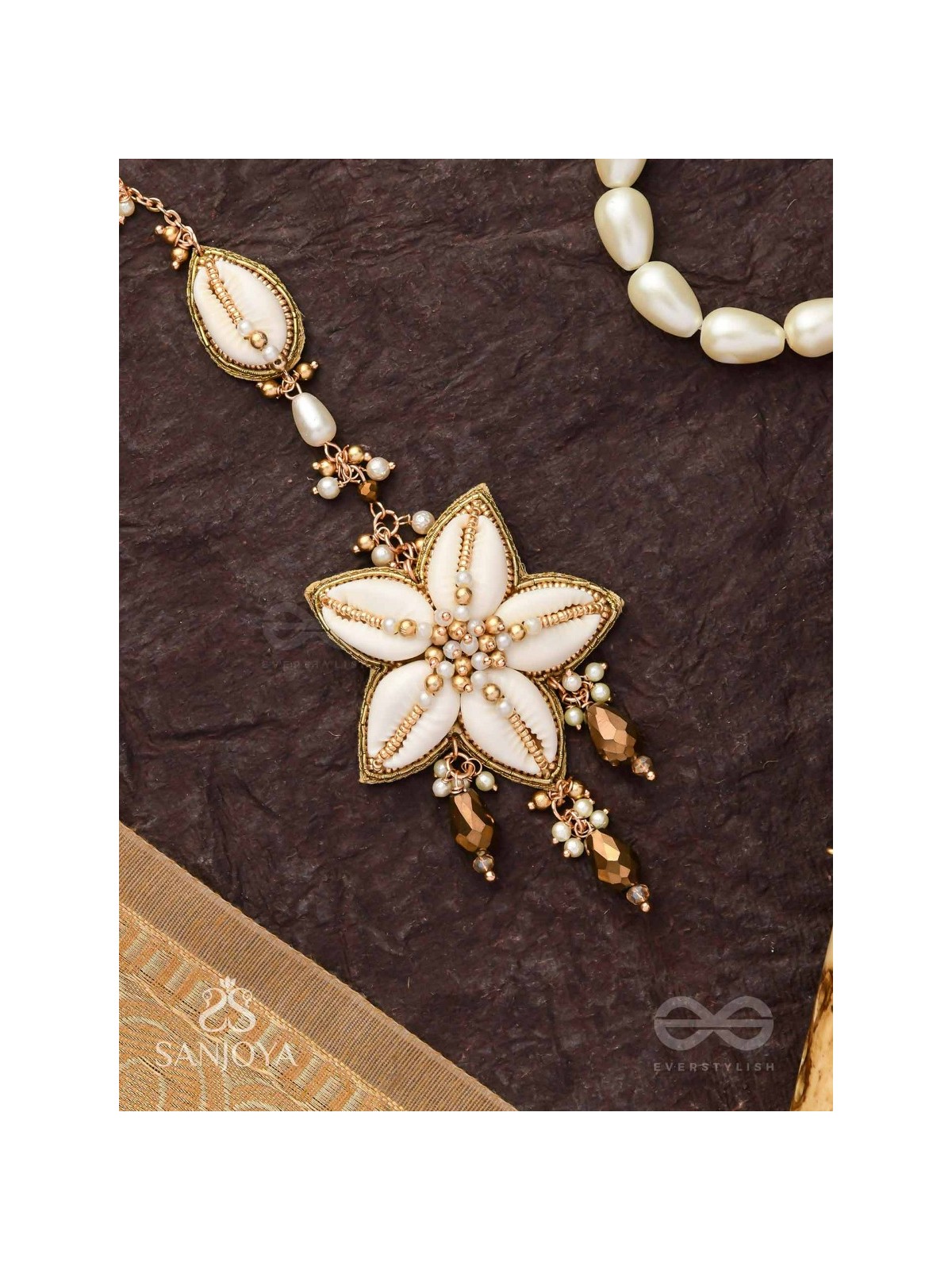 Stimit - The Cowrie Calm- Shells, Beads And Glass Drops Hand Embroidered Maangtika