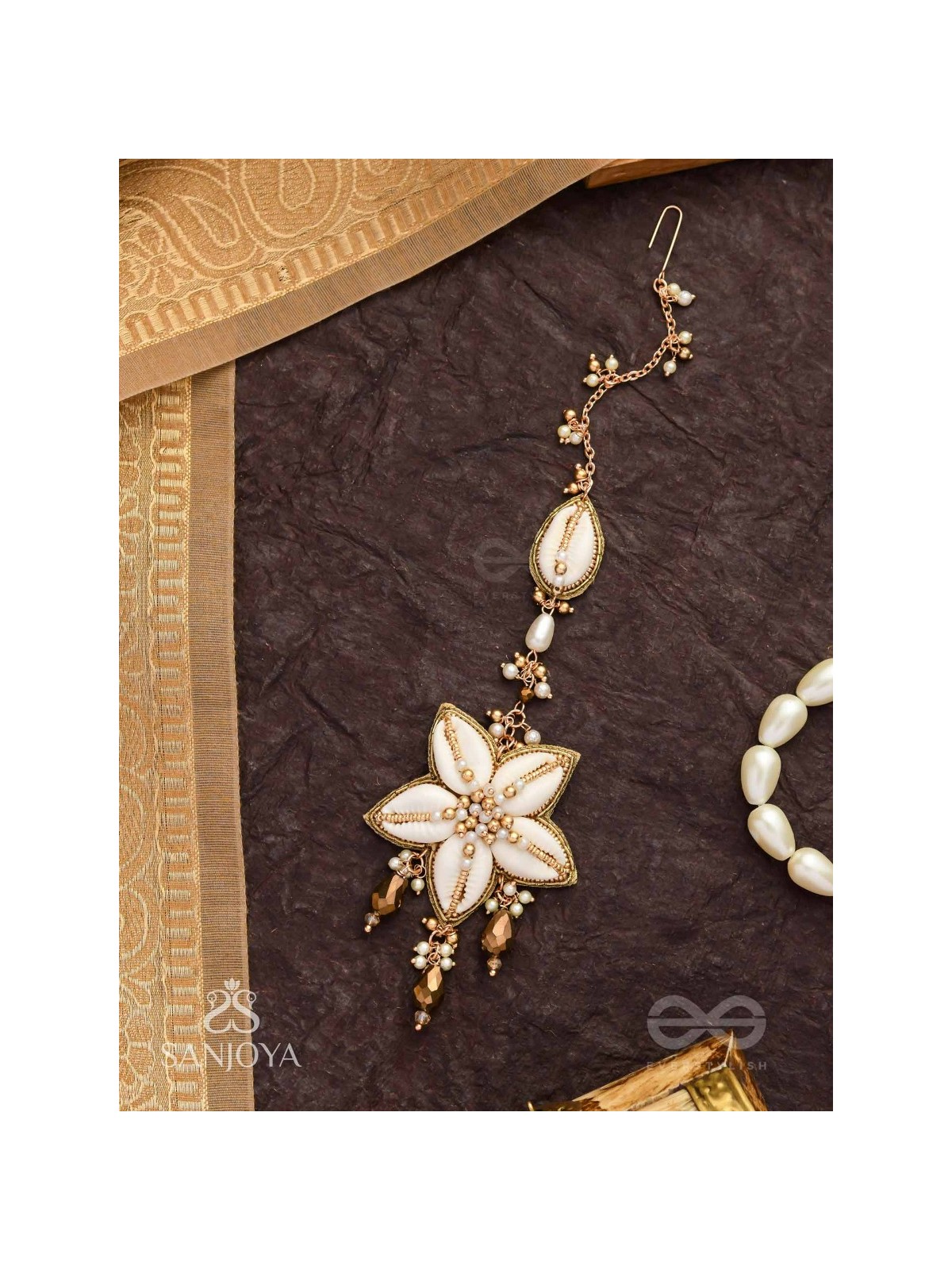 Stimit - The Cowrie Calm- Shells, Beads And Glass Drops Hand Embroidered Maangtika