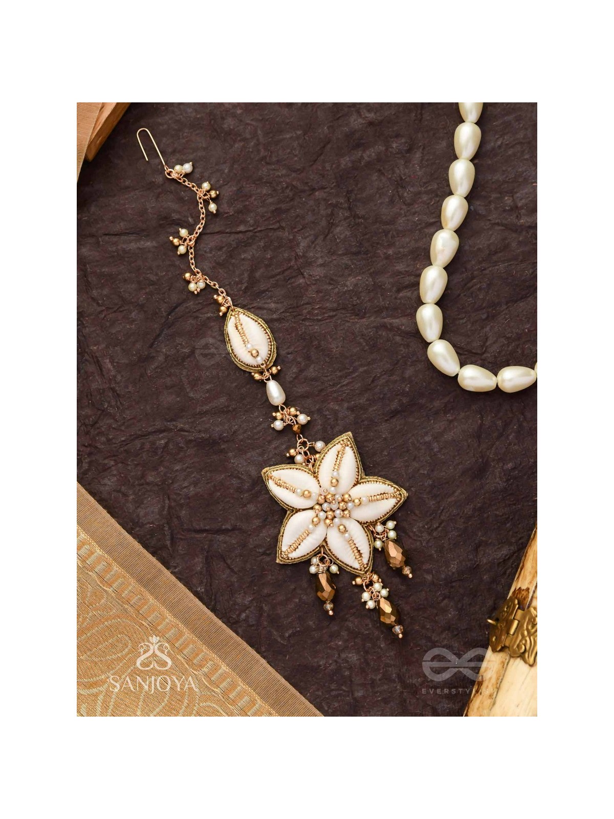 Stimit - The Cowrie Calm- Shells, Beads And Glass Drops Hand Embroidered Maangtika