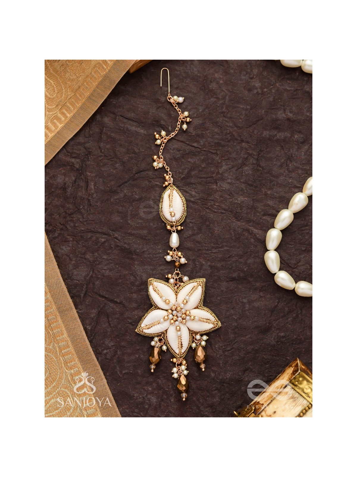 Stimit - The Cowrie Calm- Shells, Beads And Glass Drops Hand Embroidered Maangtika