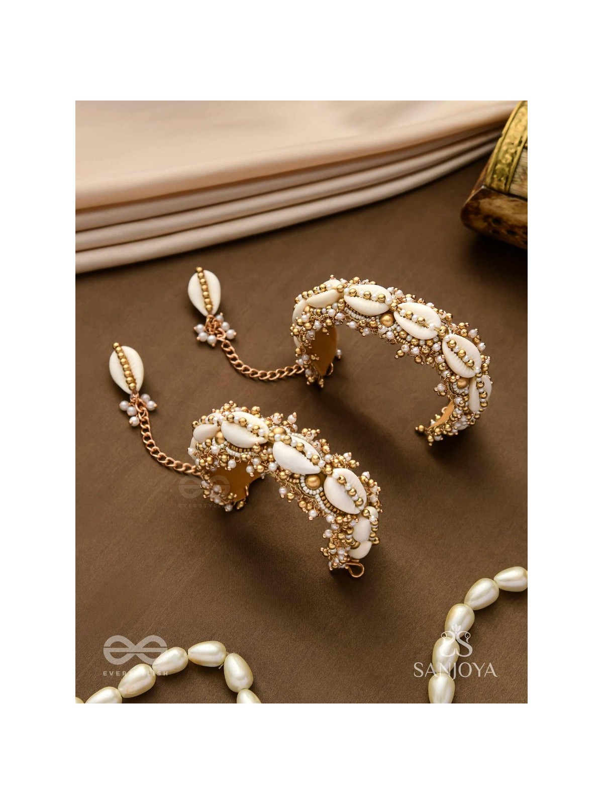 Arthogya  - The Marine Treasures - Shells And Beads Hand Embroidered Cuff Bracelets (Set Of 2)