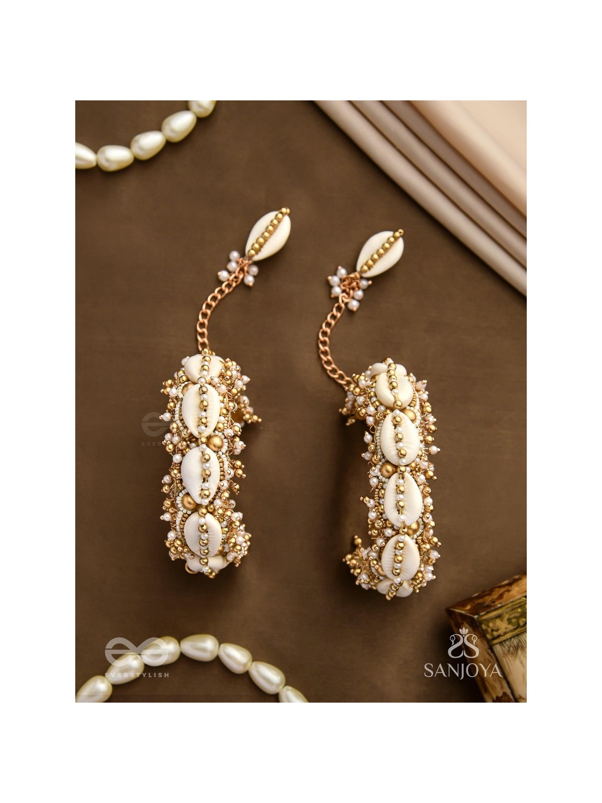 Arthogya  - The Marine Treasures - Shells And Beads Hand Embroidered Cuff Bracelets (Set Of 2)