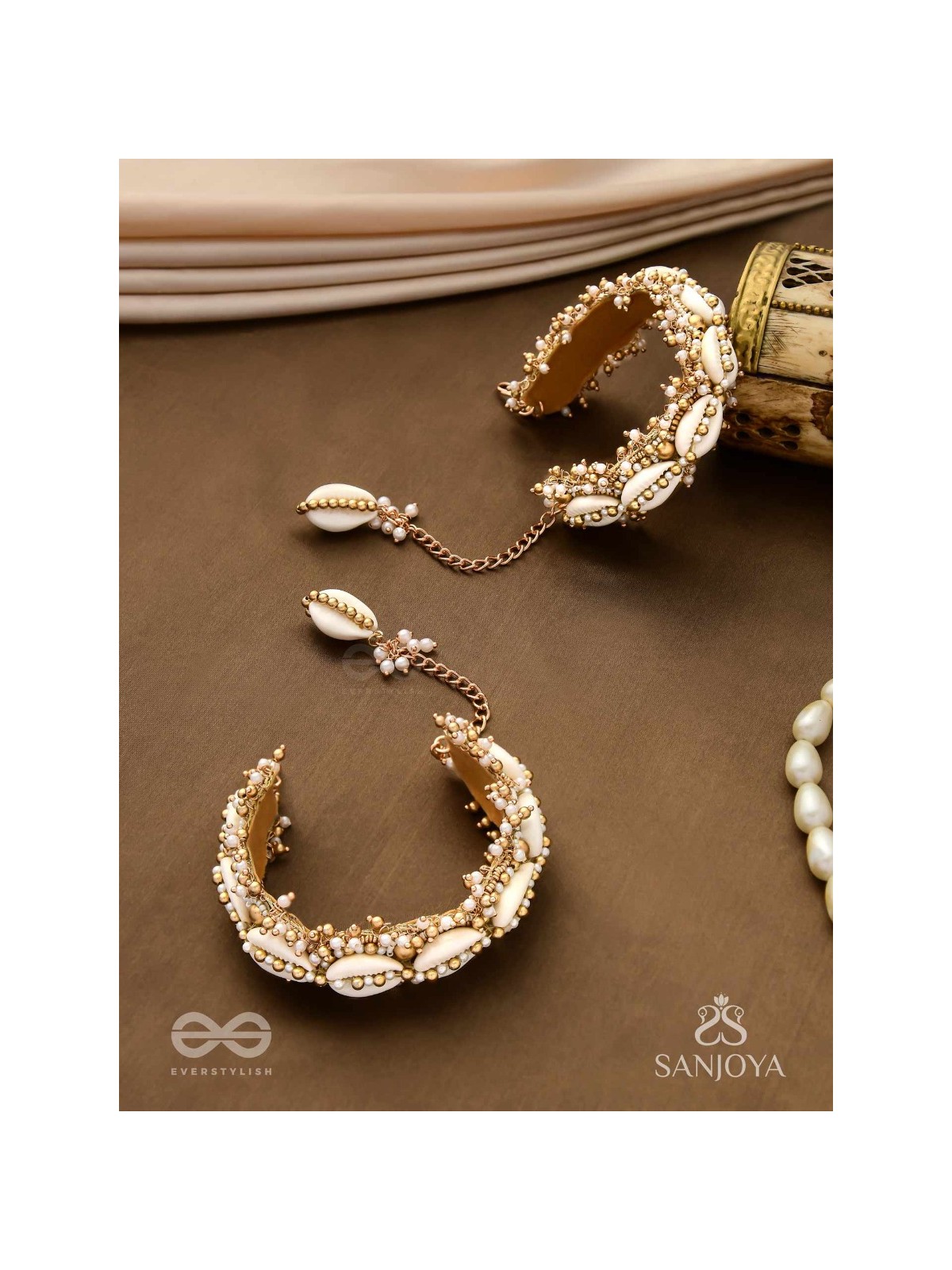 Arthogya  - The Marine Treasures - Shells And Beads Hand Embroidered Cuff Bracelets (Set Of 2)