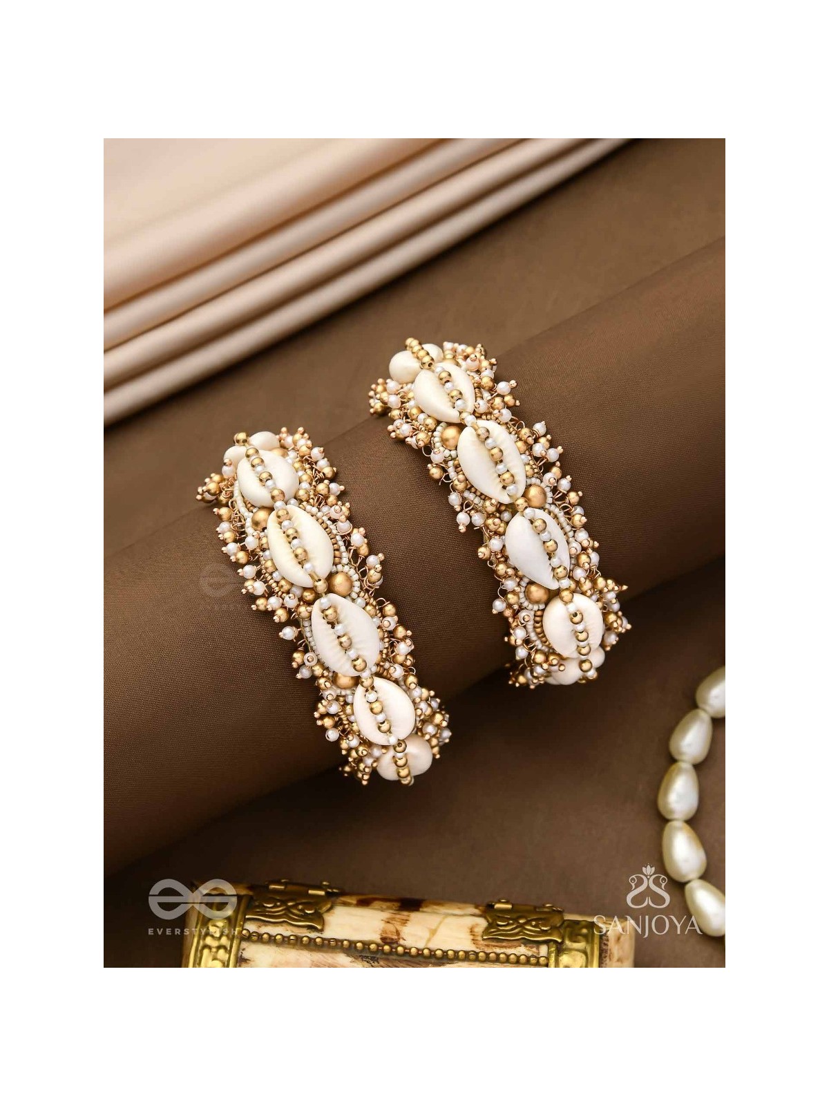 Arthogya  - The Marine Treasures - Shells And Beads Hand Embroidered Cuff Bracelets (Set Of 2)