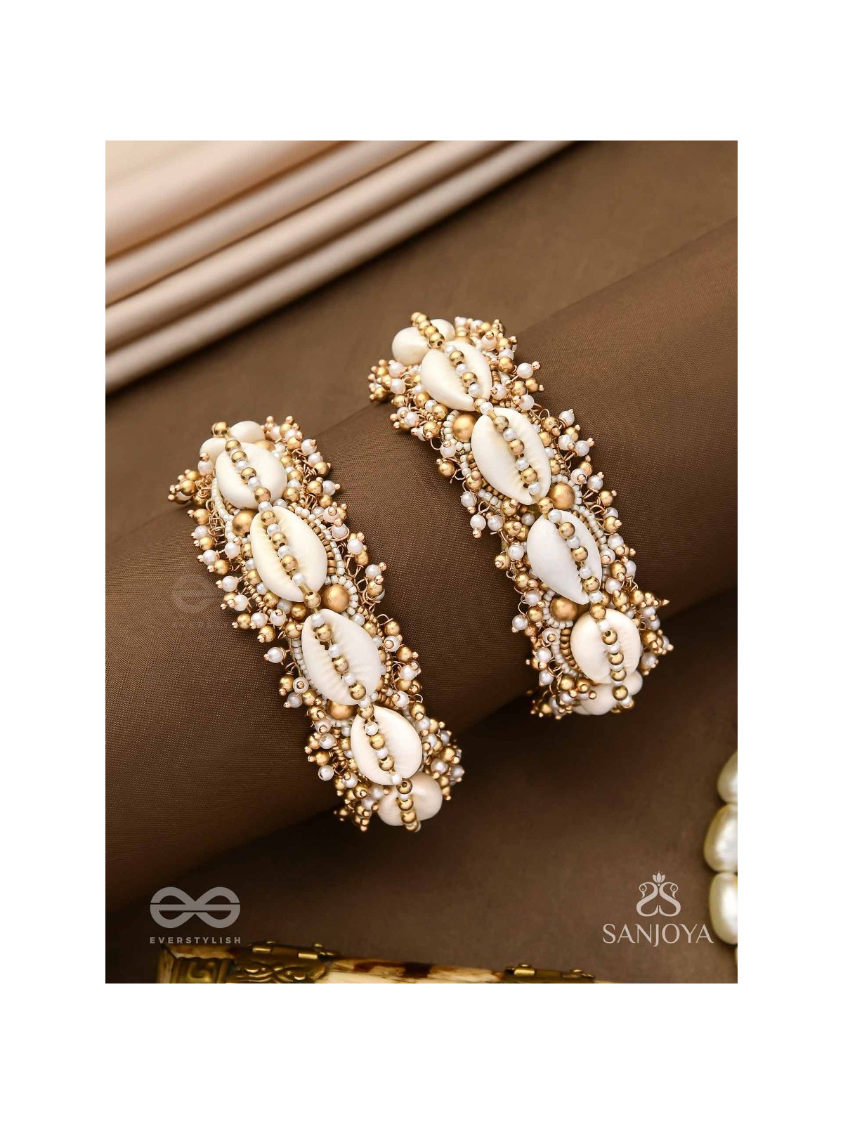 Arthogya  - The Marine Treasures - Shells And Beads Hand Embroidered Cuff Bracelets (Set Of 2)