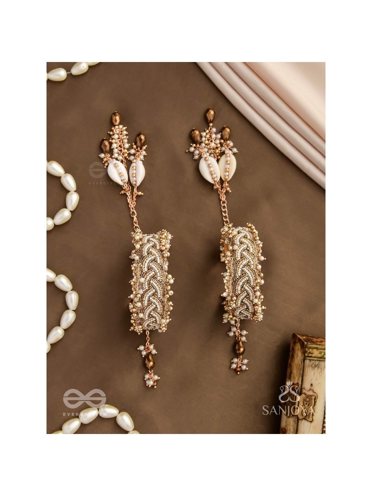 Kapardak - The Angel Braids - Beads, Shells And Glass Drops Hand Embroidered Cuff Bracelets (Set Of 2)