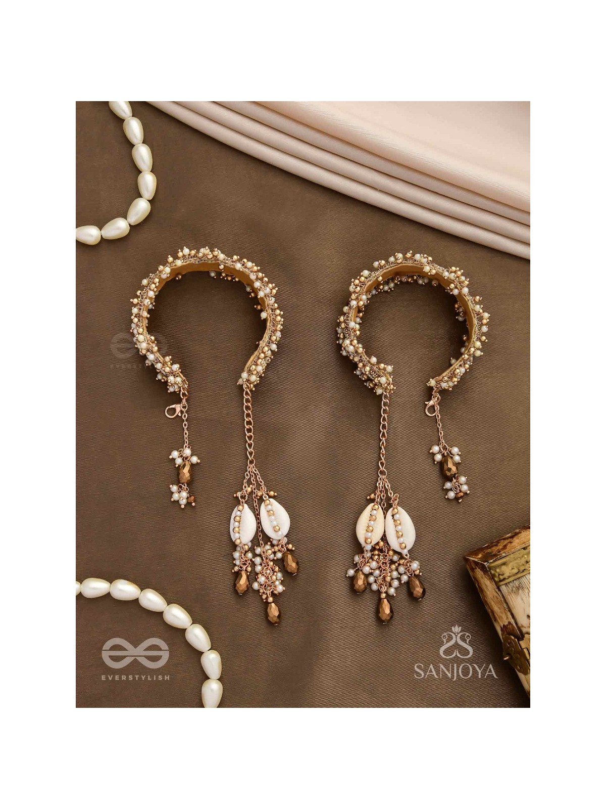 Kapardak - The Angel Braids - Beads, Shells And Glass Drops Hand Embroidered Cuff Bracelets (Set Of 2)