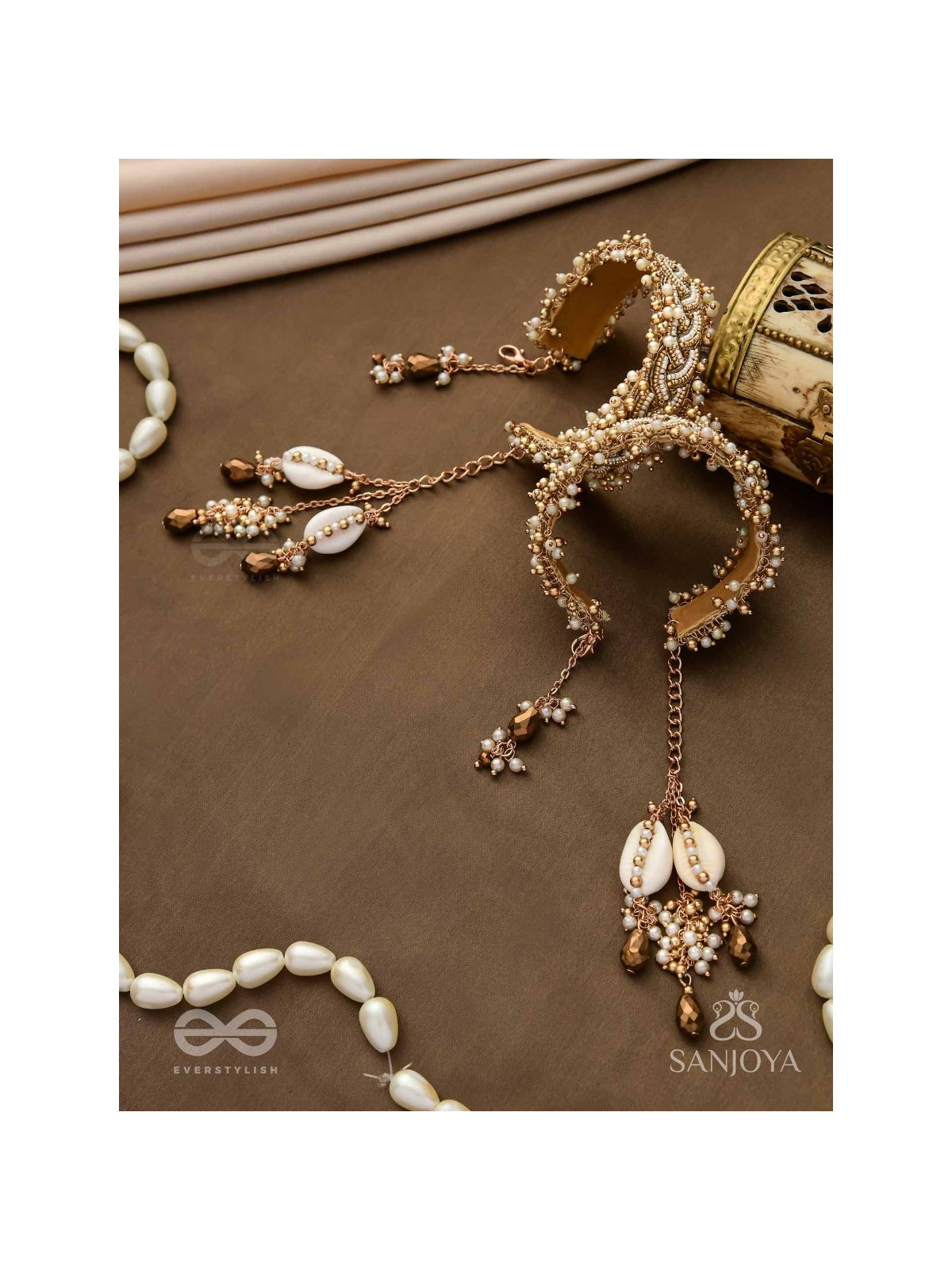 Kapardak - The Angel Braids - Beads, Shells And Glass Drops Hand Embroidered Cuff Bracelets (Set Of 2)