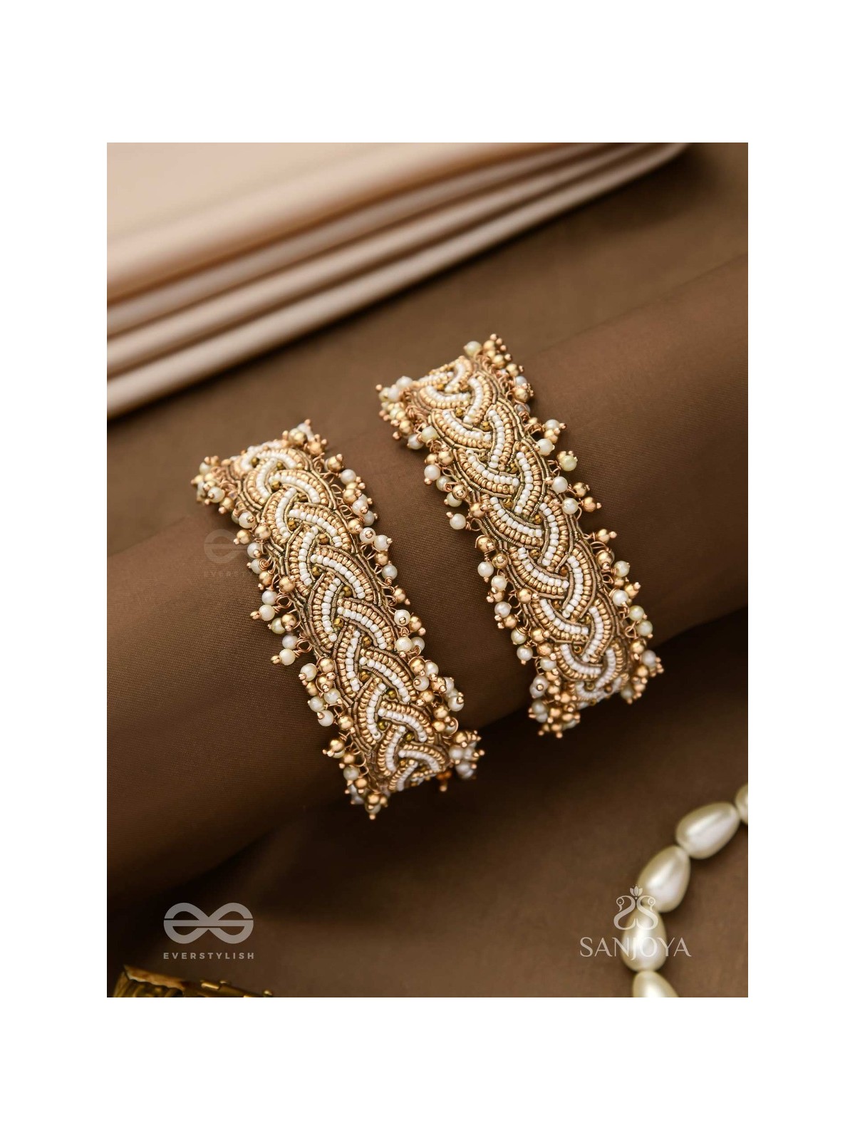 Kapardak - The Angel Braids - Beads, Shells And Glass Drops Hand Embroidered Cuff Bracelets (Set Of 2)