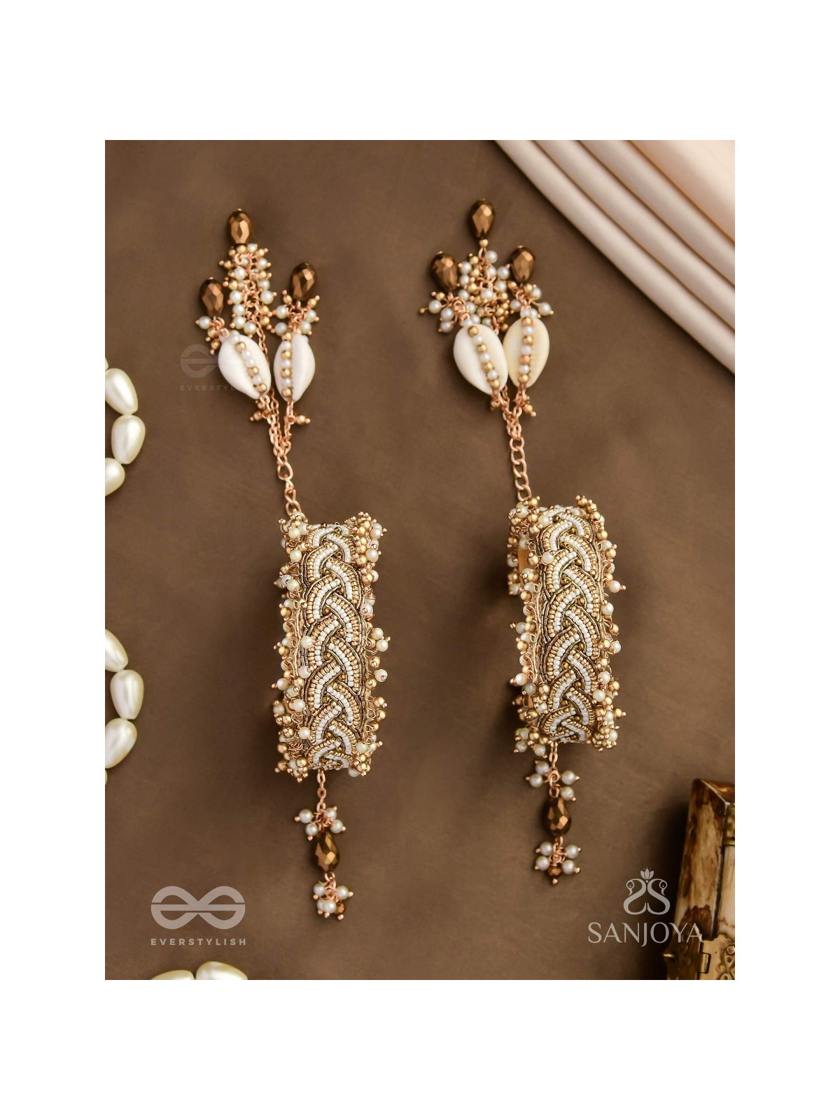 Kapardak - The Angel Braids - Beads, Shells And Glass Drops Hand Embroidered Cuff Bracelets (Set Of 2)