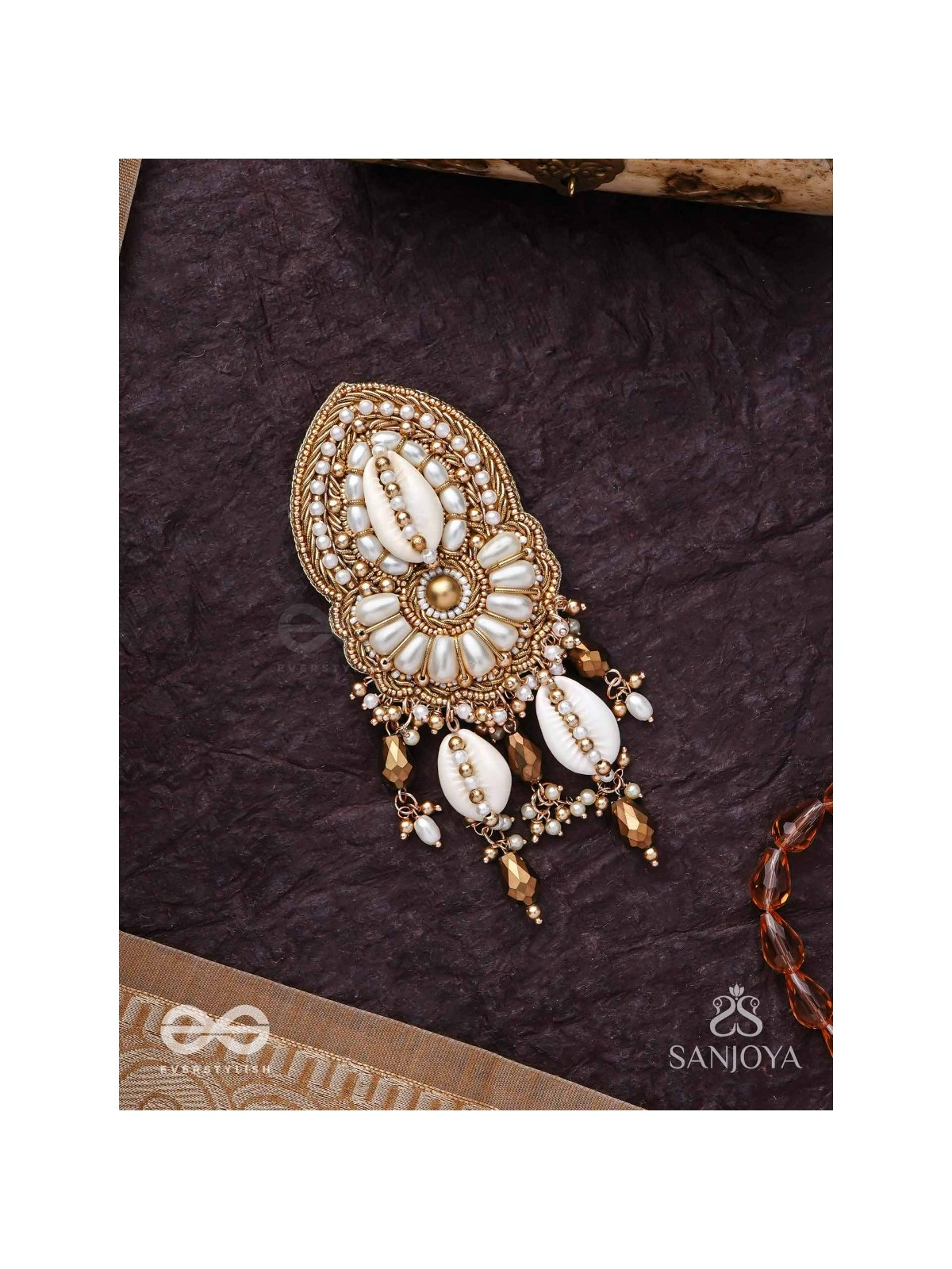 Attalika - The Lavish Castles - Shells, Beads And Glass Drops Hand Embroidered Hair Accessory 