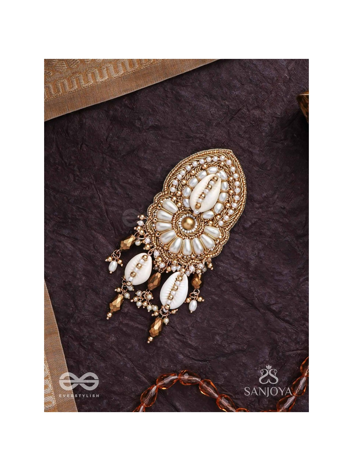 Attalika - The Lavish Castles - Shells, Beads And Glass Drops Hand Embroidered Hair Accessory 