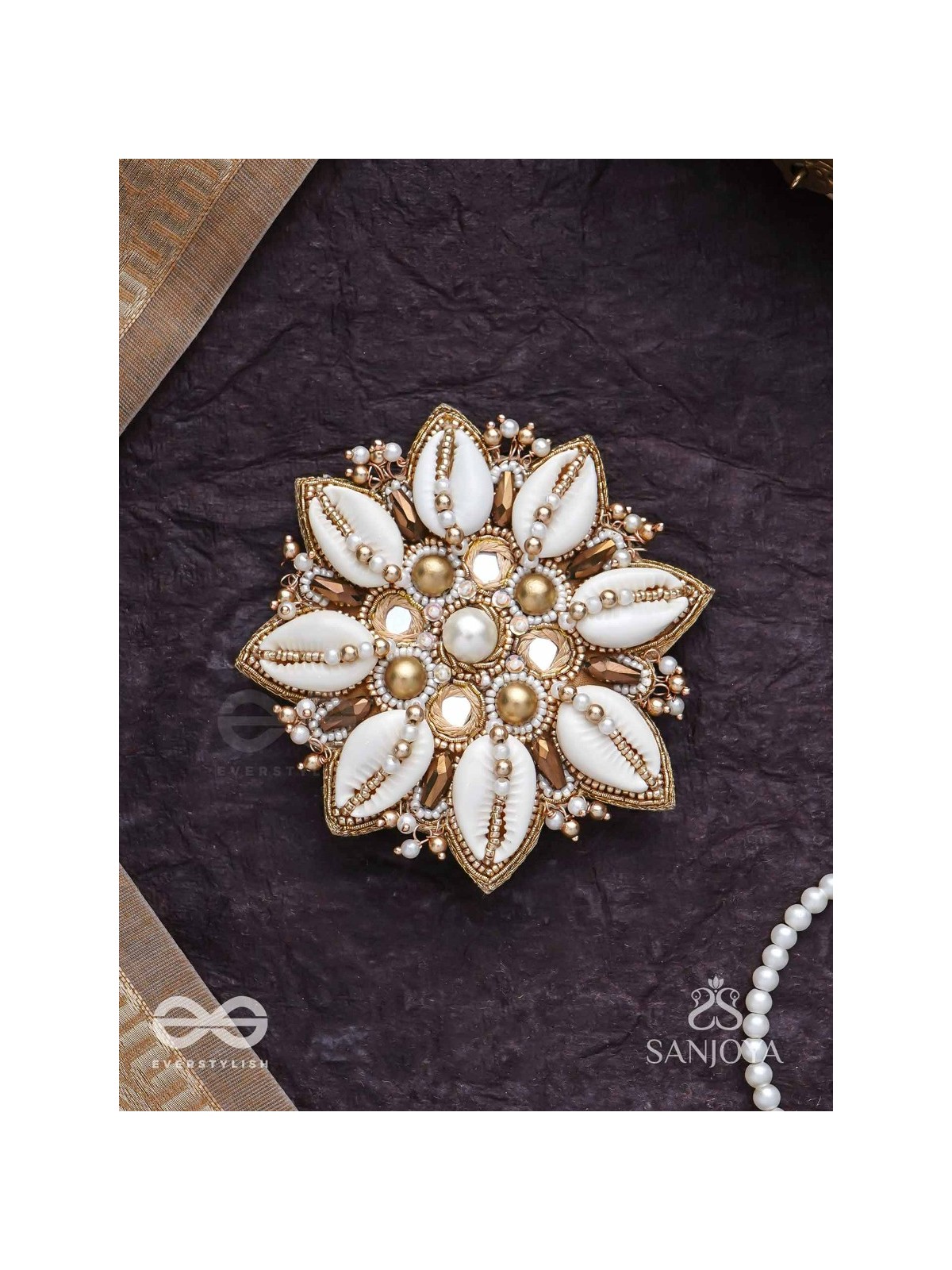 Ucchvasit - The Cowrie Bloom - Mirrors, Shells And Beads Hand Embroidered Hair Accessory