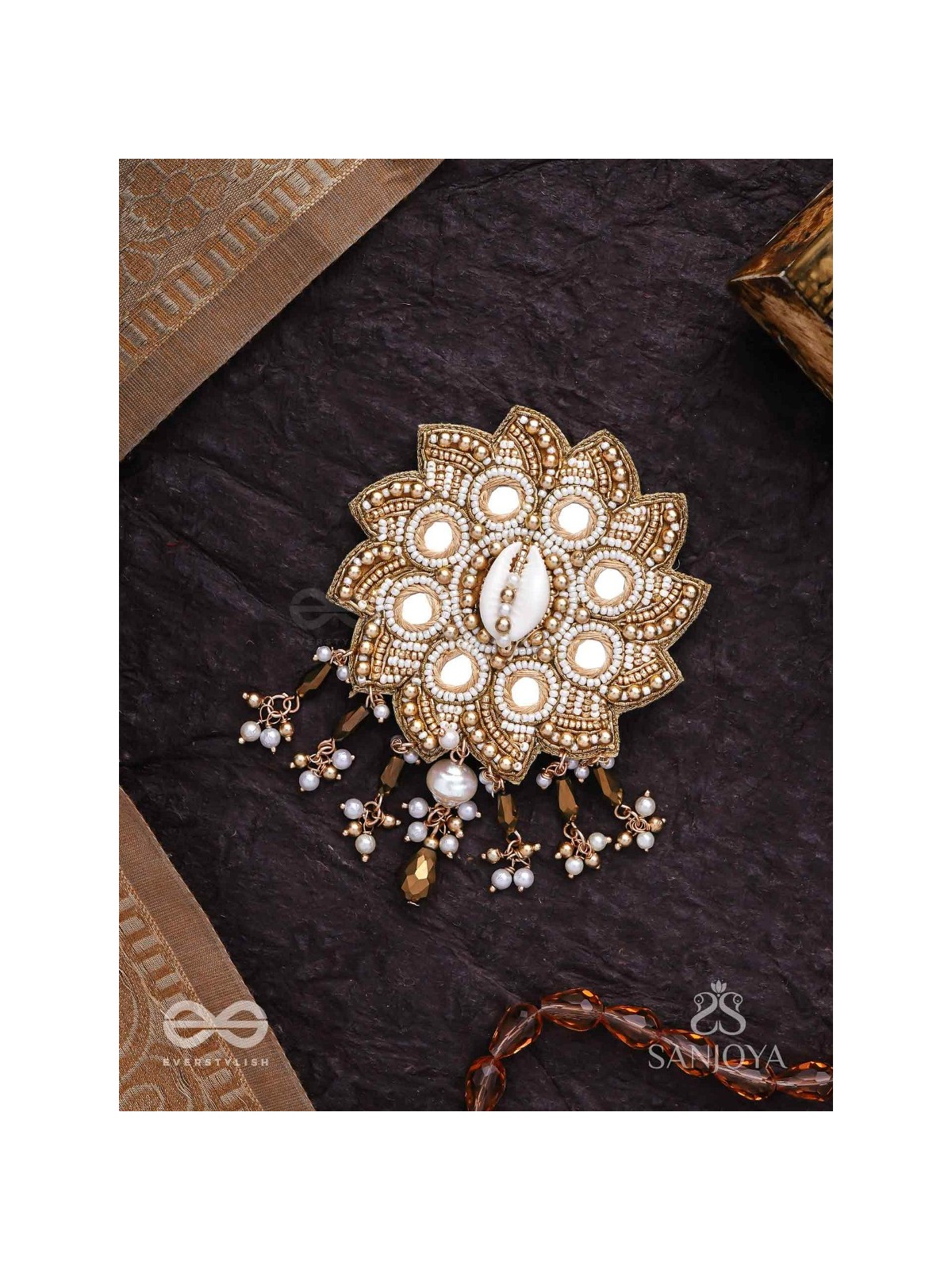 Prabhanjanam - The Stormy Reflectors - Shell, Mirrors And Glass Drops Hand Embroidered Hair Accessory